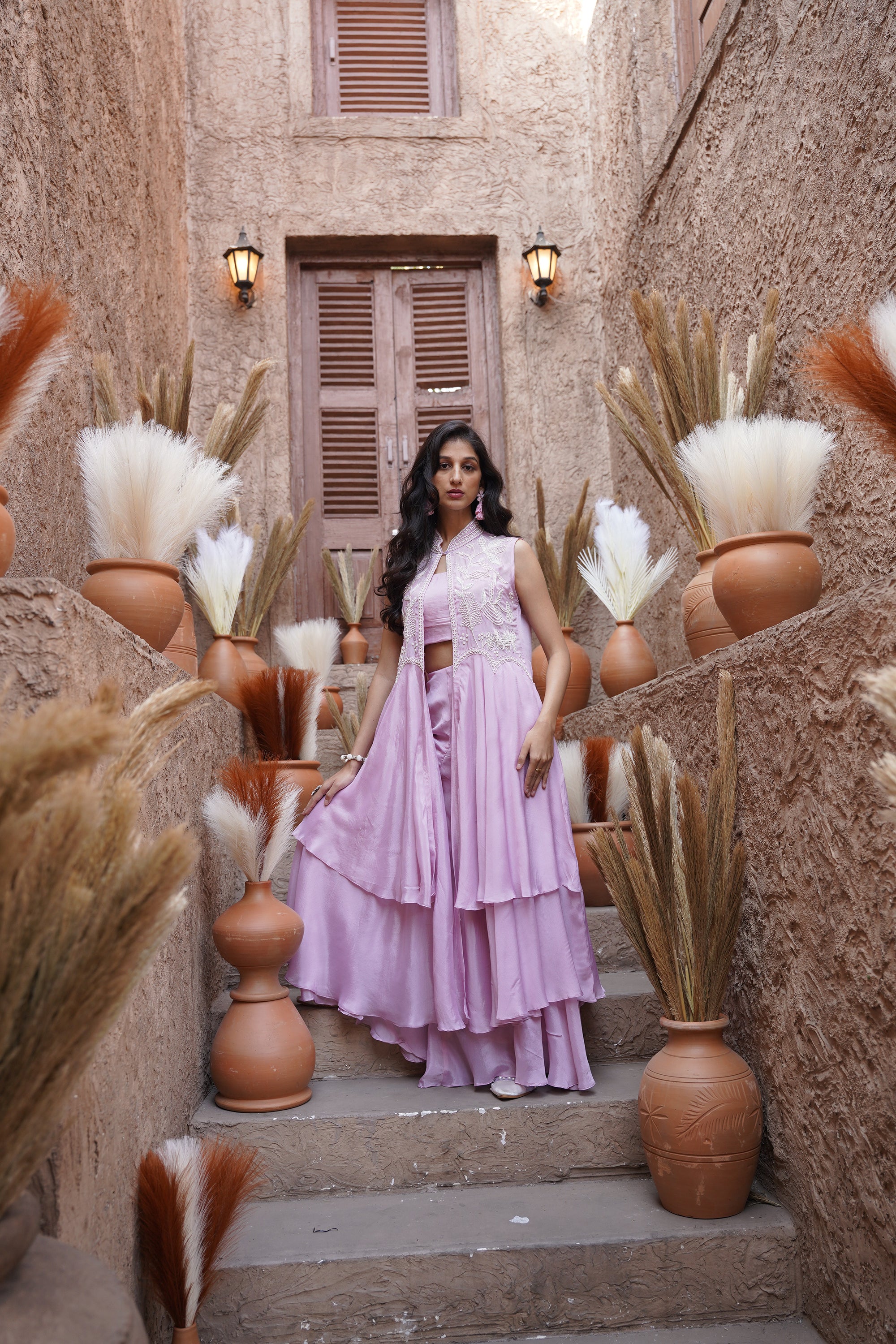 Beaded long jacket set - Lilac