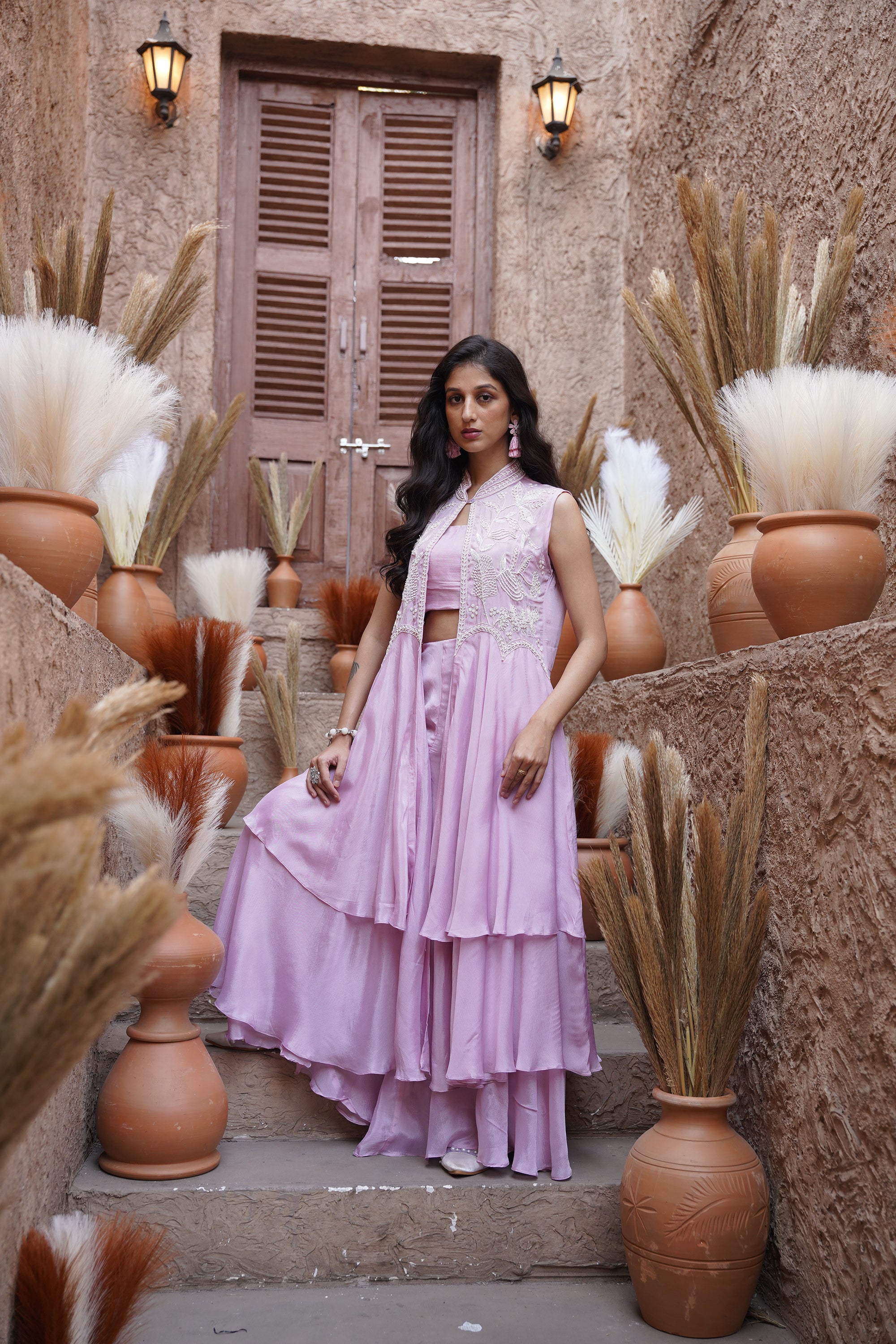 Beaded long jacket set - Lilac