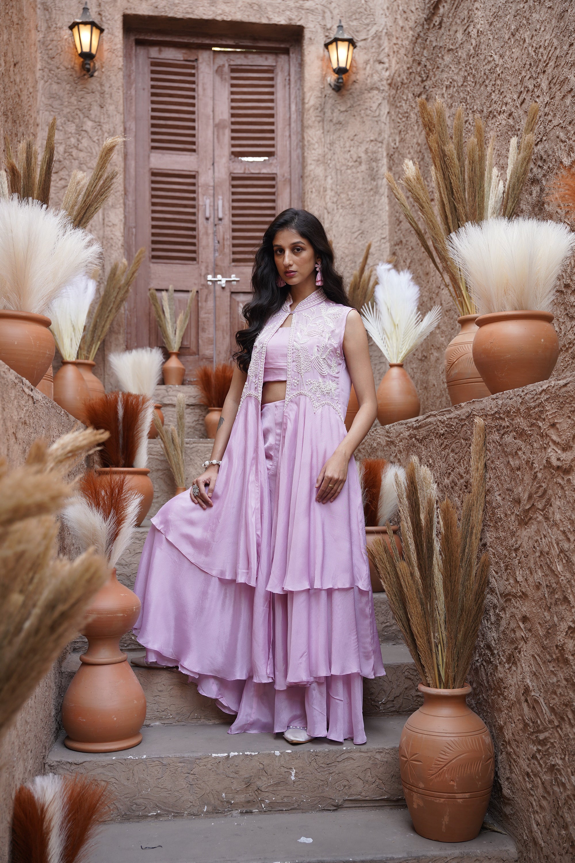 Beaded long jacket set - Lilac