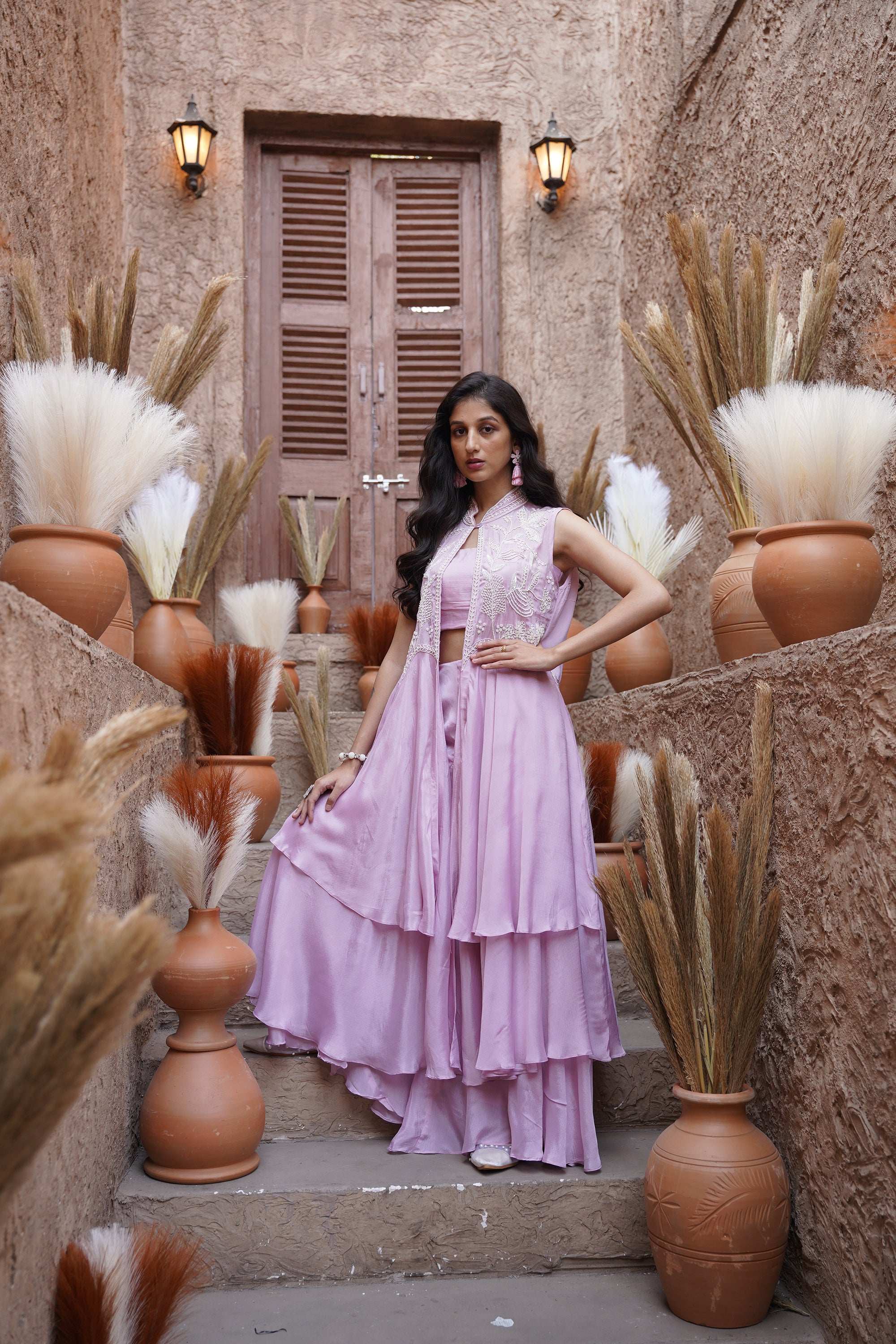 Beaded long jacket set - Lilac