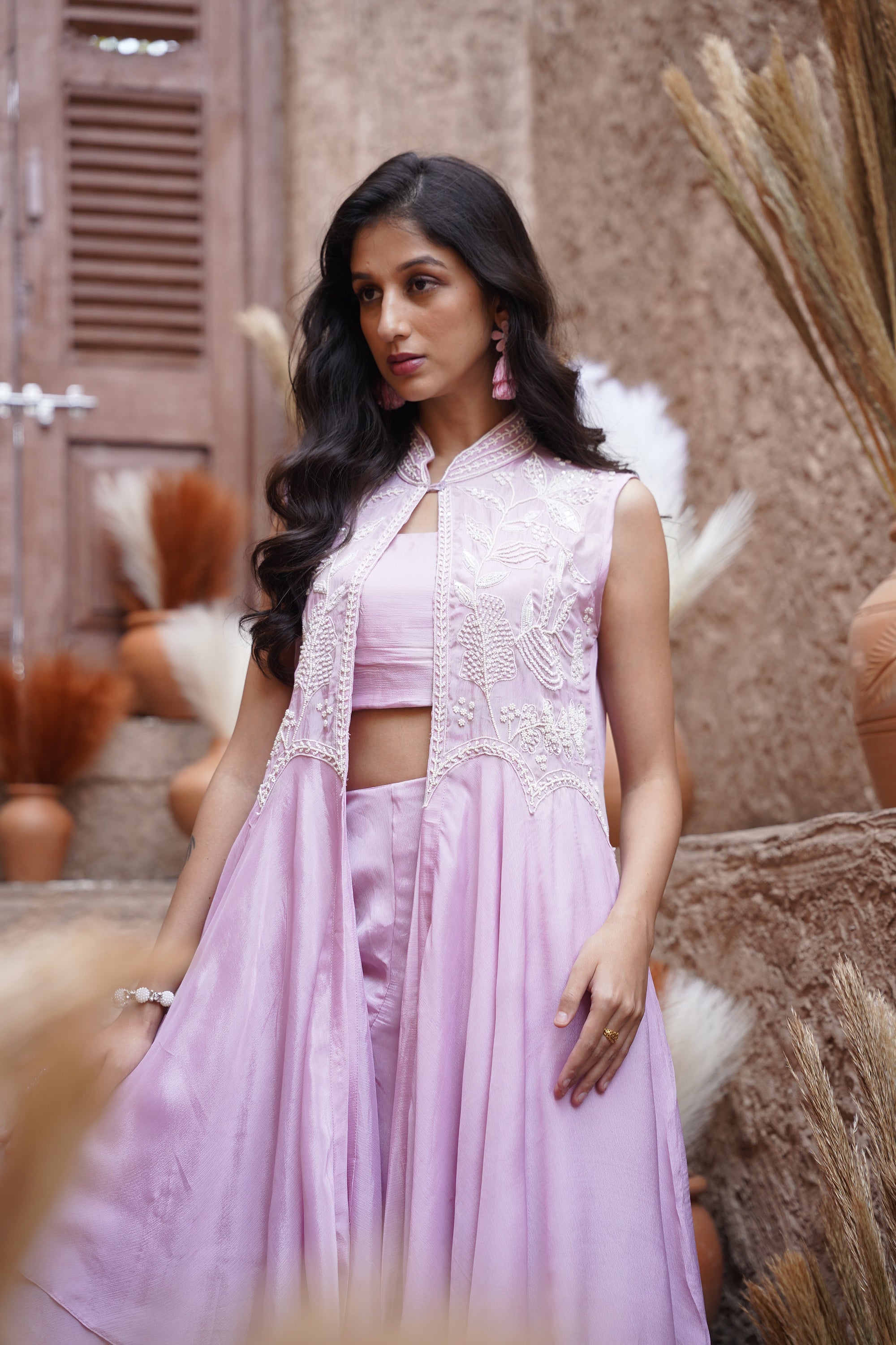 Beaded long jacket set - Lilac