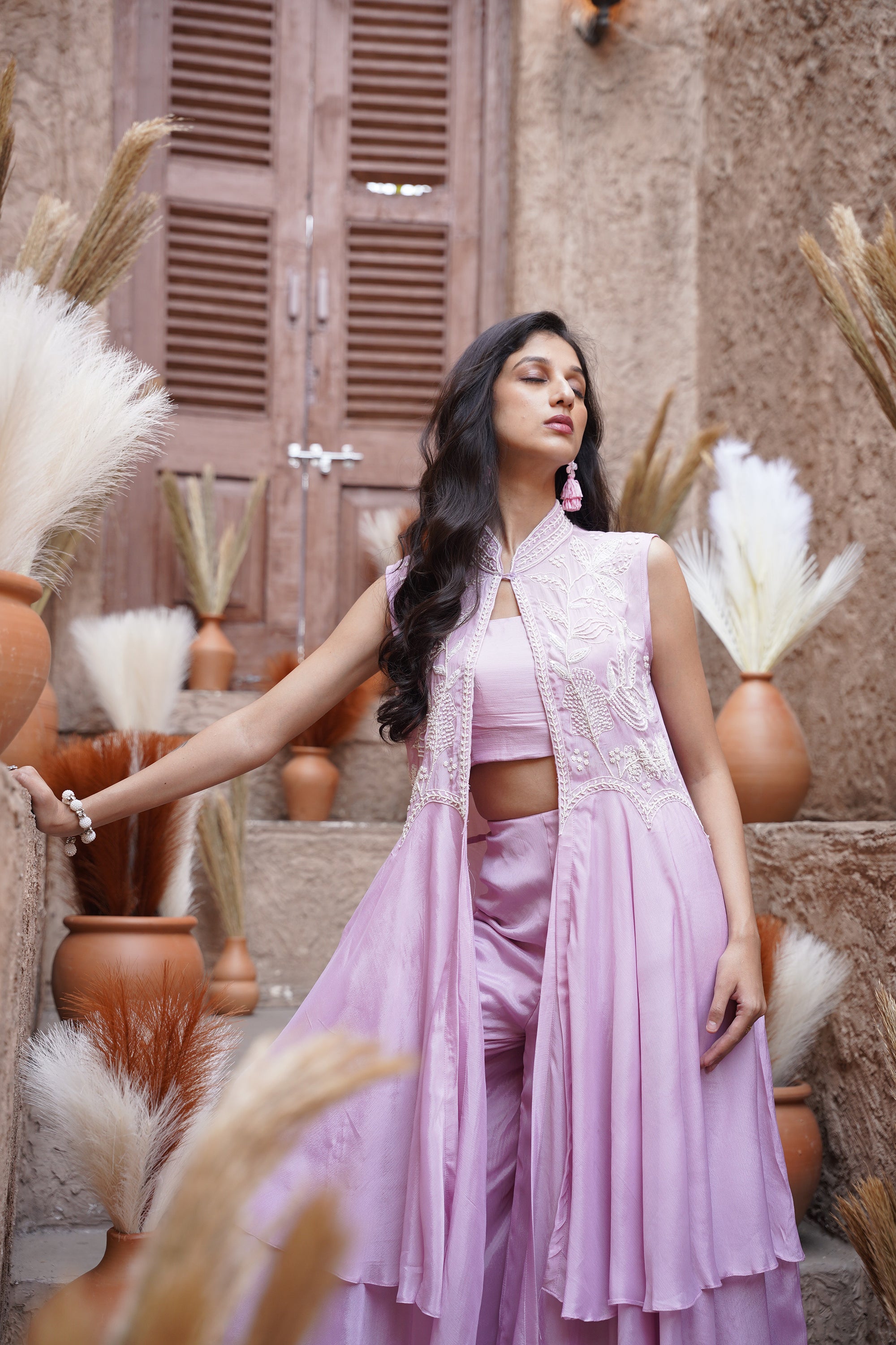 Beaded long jacket set - Lilac