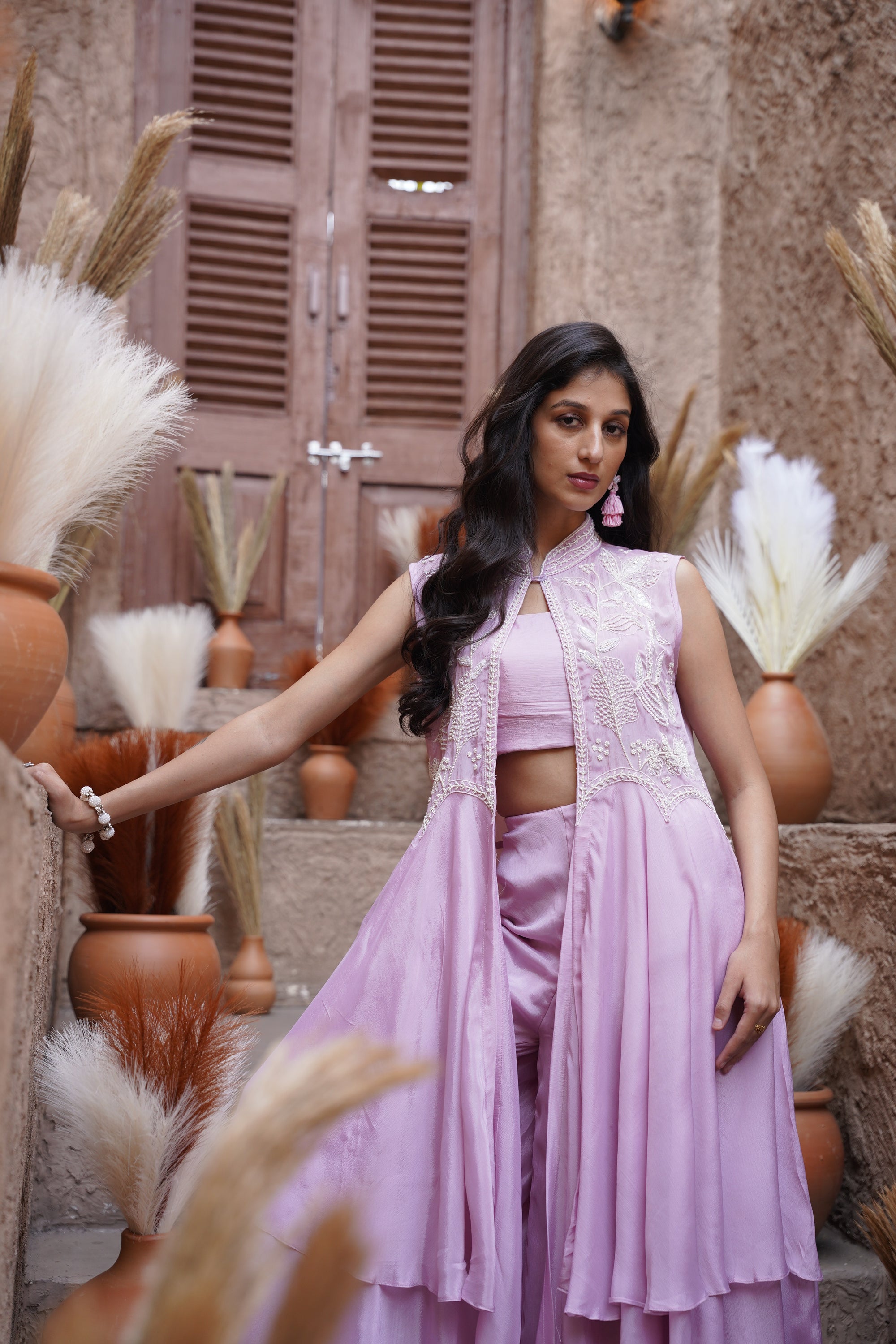 Lilac Floral Beaded Long Jacket Set