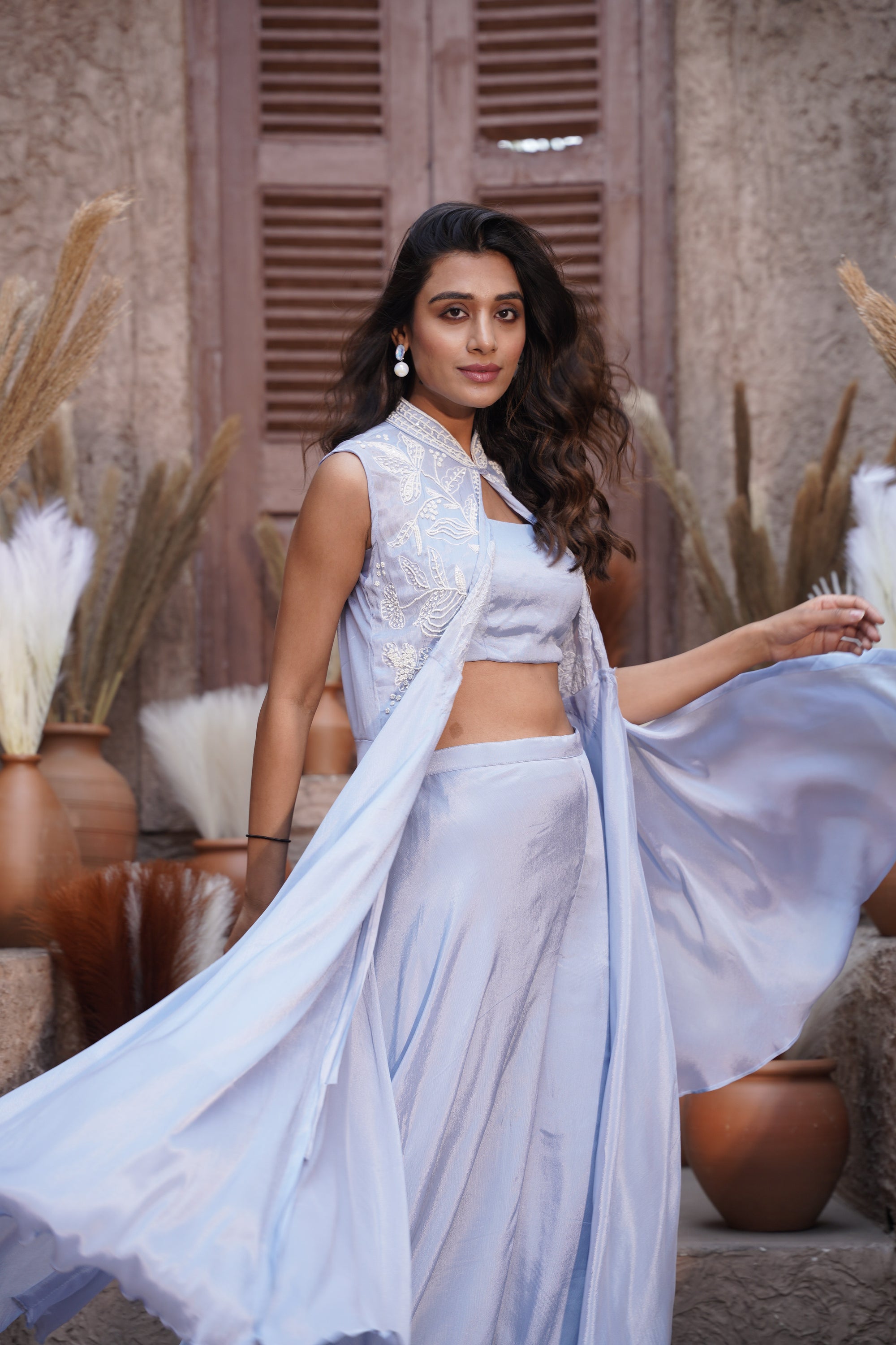 Floral Beaded Long Jacket Set