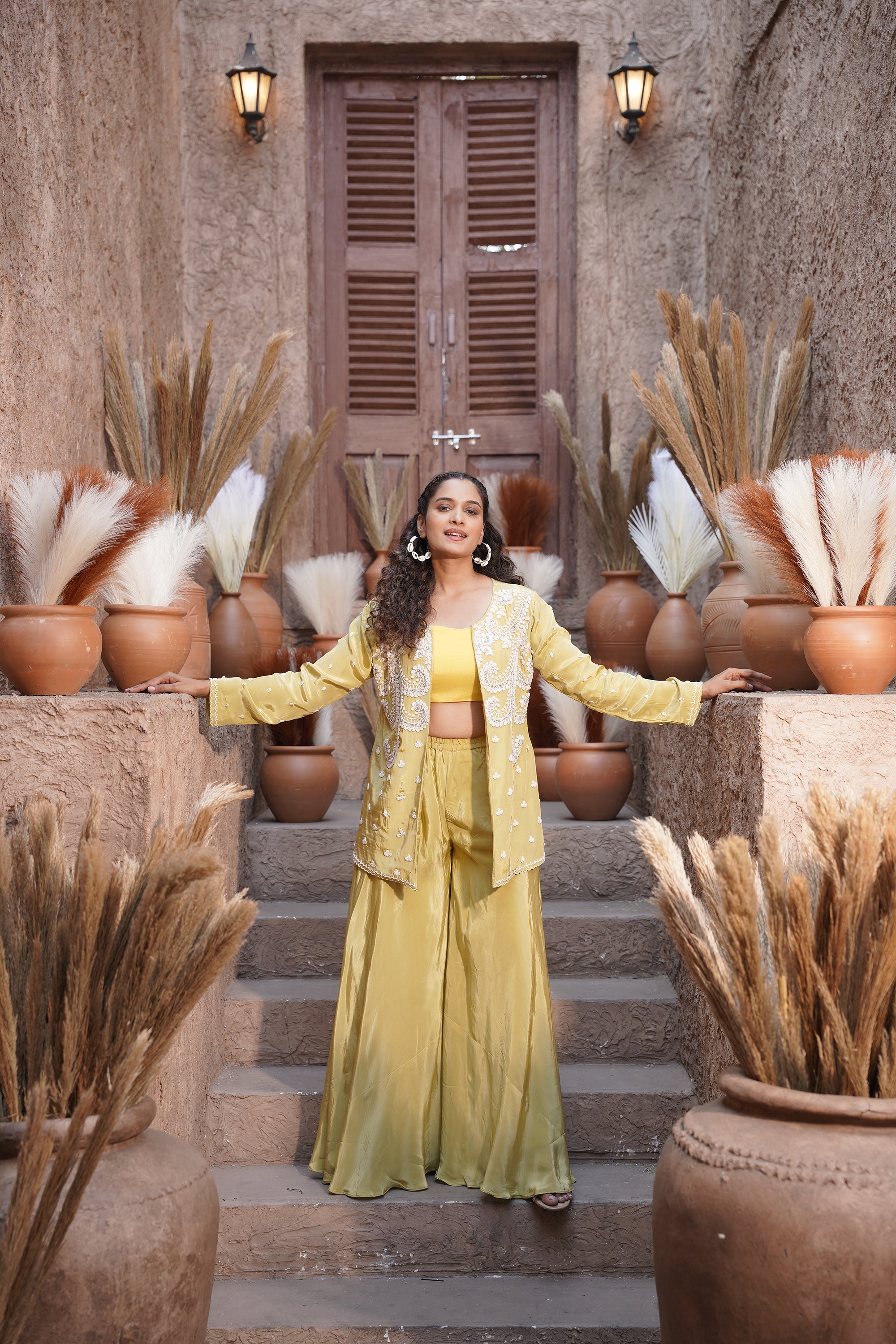 Embroidered jacket, palazzo three-piece set - Yellow Green