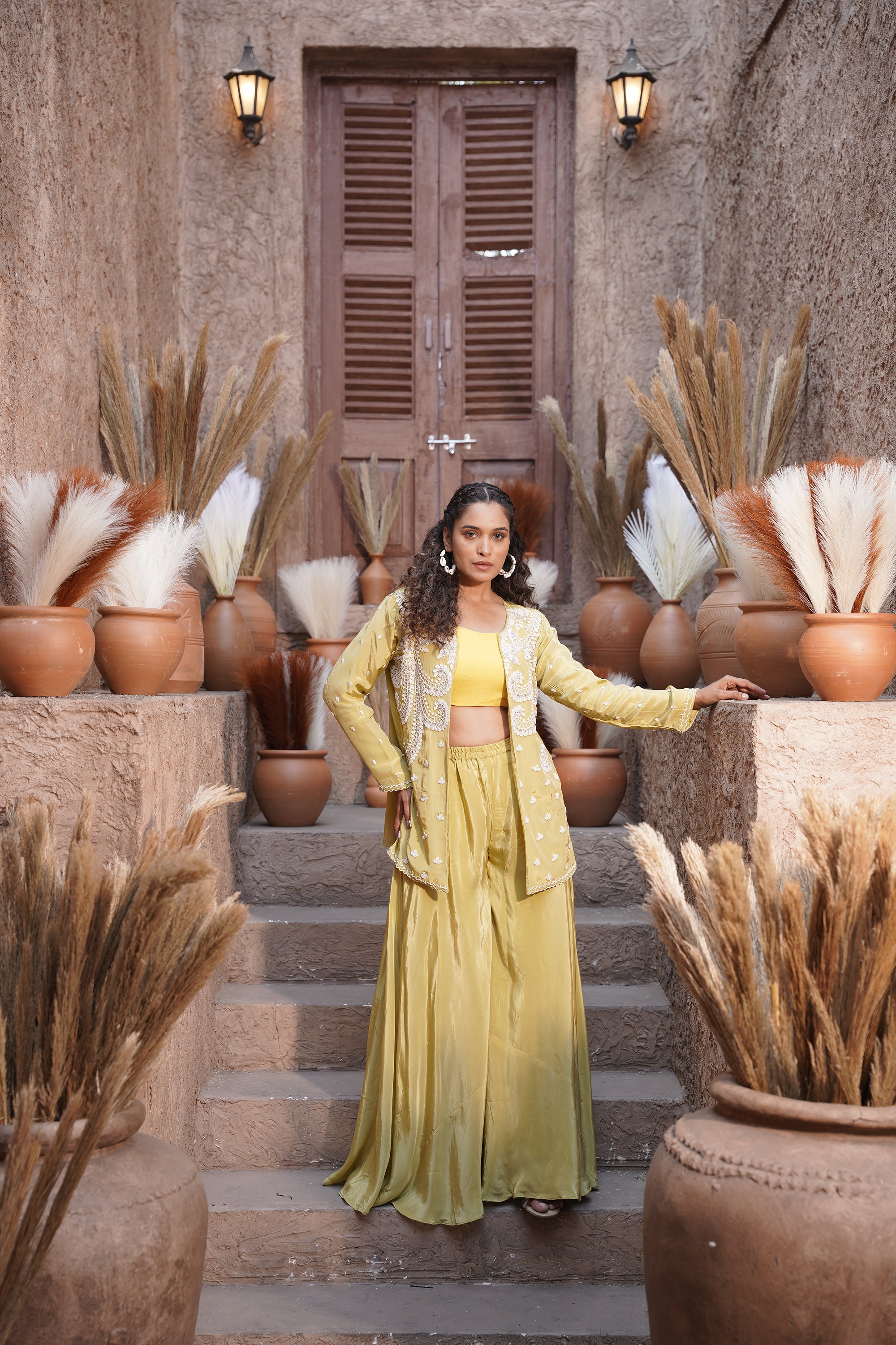 Embroidered jacket, palazzo three-piece set - Yellow Green