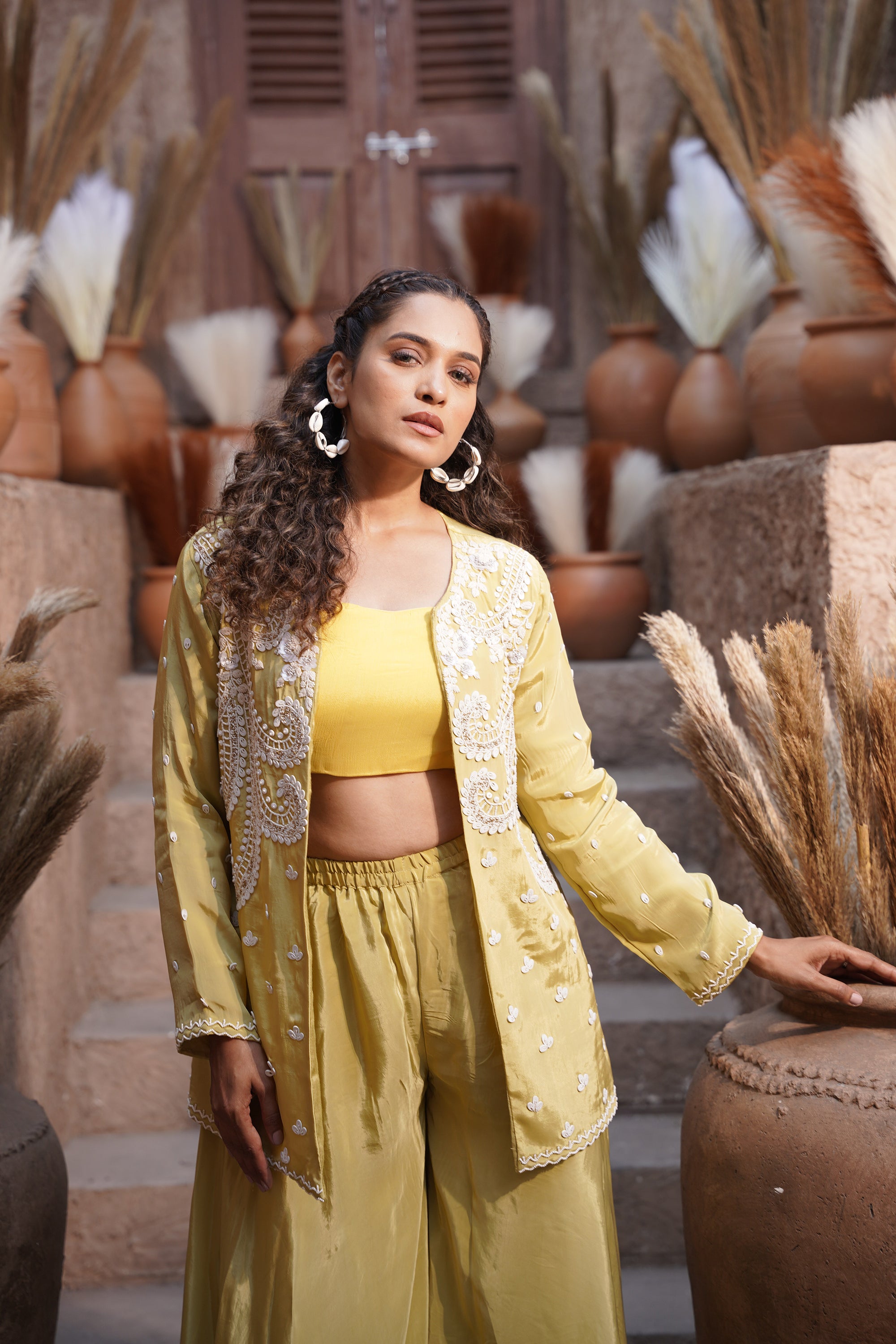 Embroidered jacket, palazzo three-piece set - Yellow Green