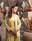 Embroidered jacket, palazzo three-piece set - Yellow Green