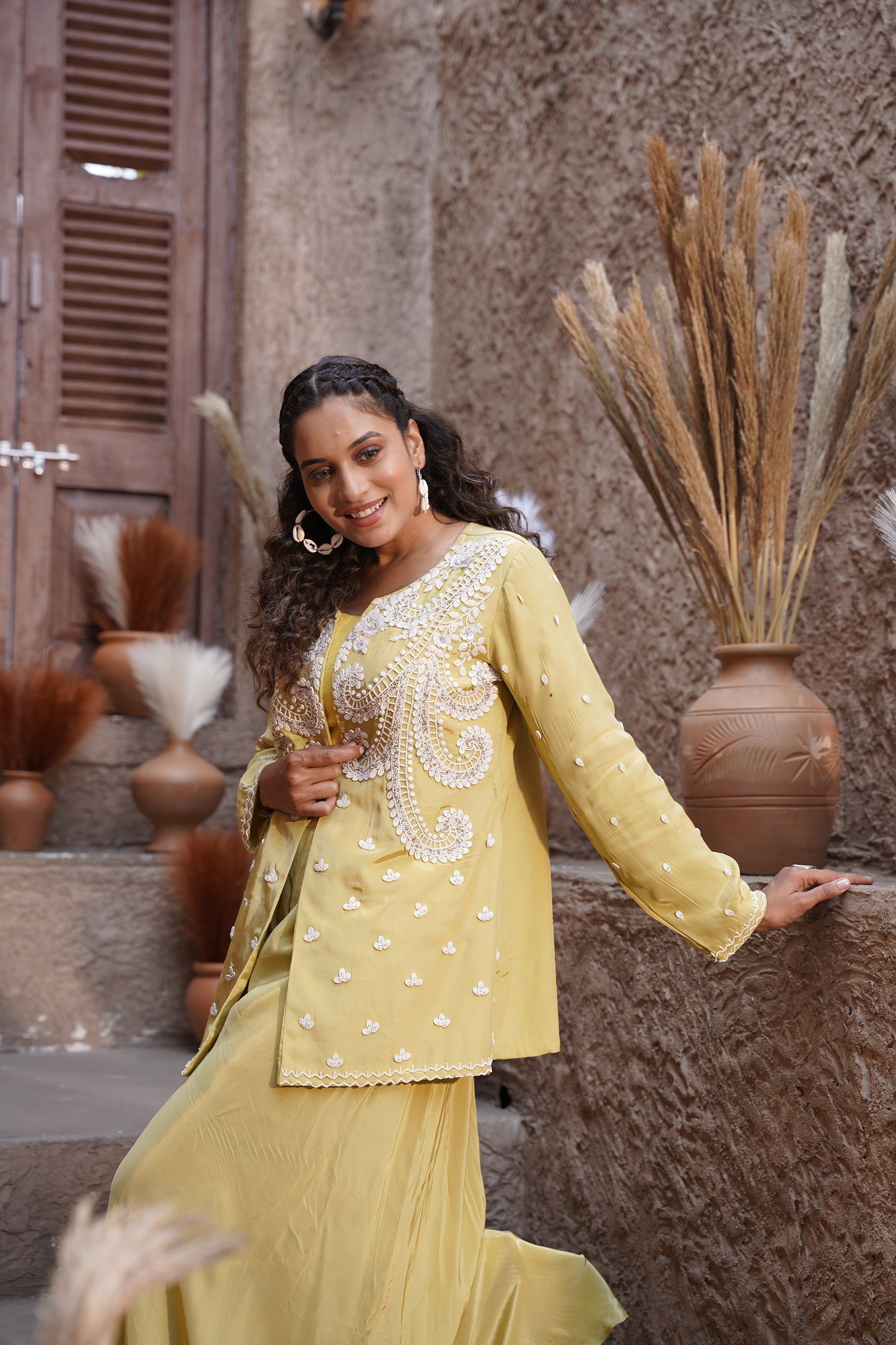 Embroidered jacket, palazzo three-piece set - Yellow Green