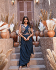 Draped saree style embroidered vest set - Navy Blue