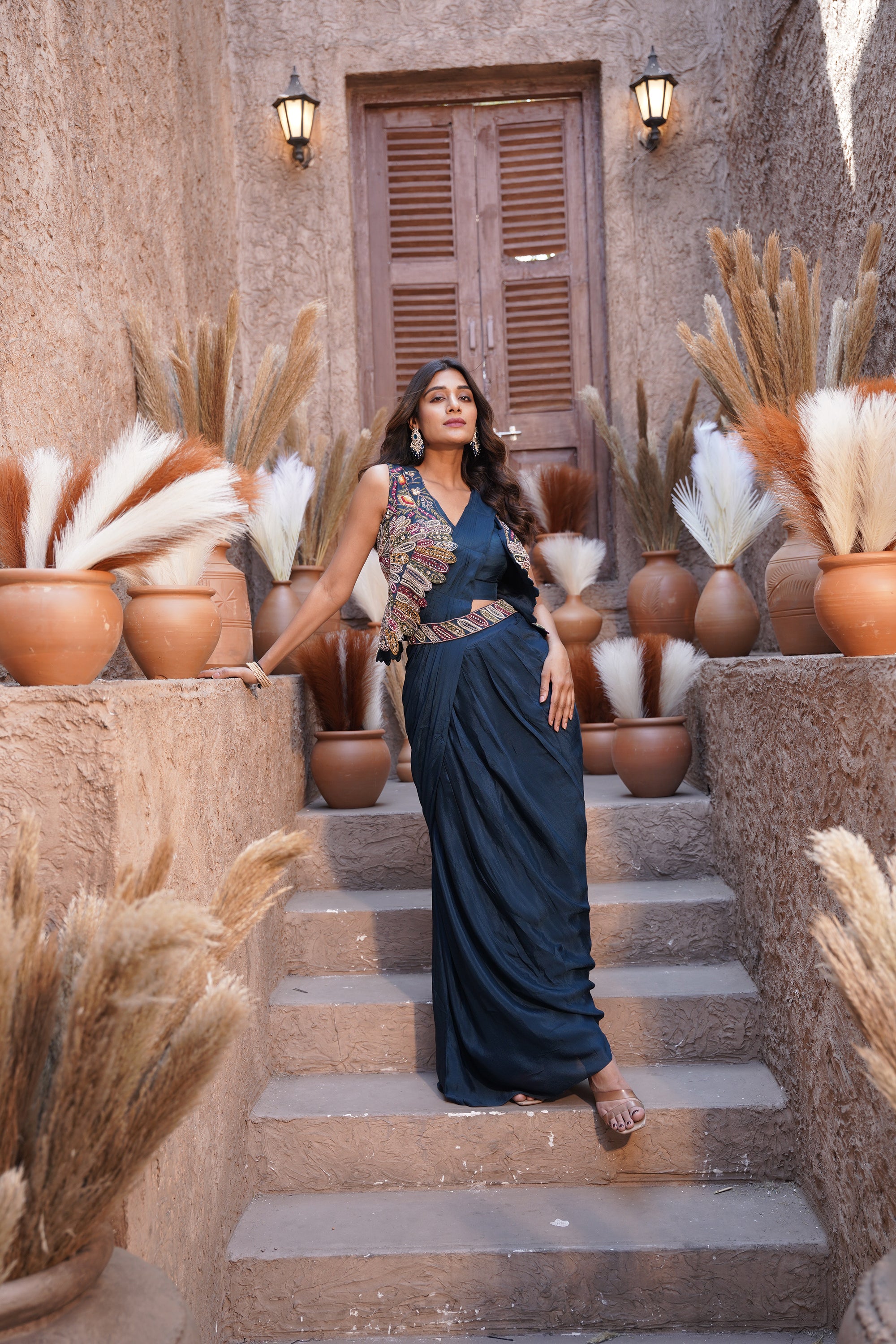 Draped saree style embroidered vest set - Navy Blue