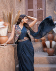 Draped saree style embroidered vest set - Navy Blue