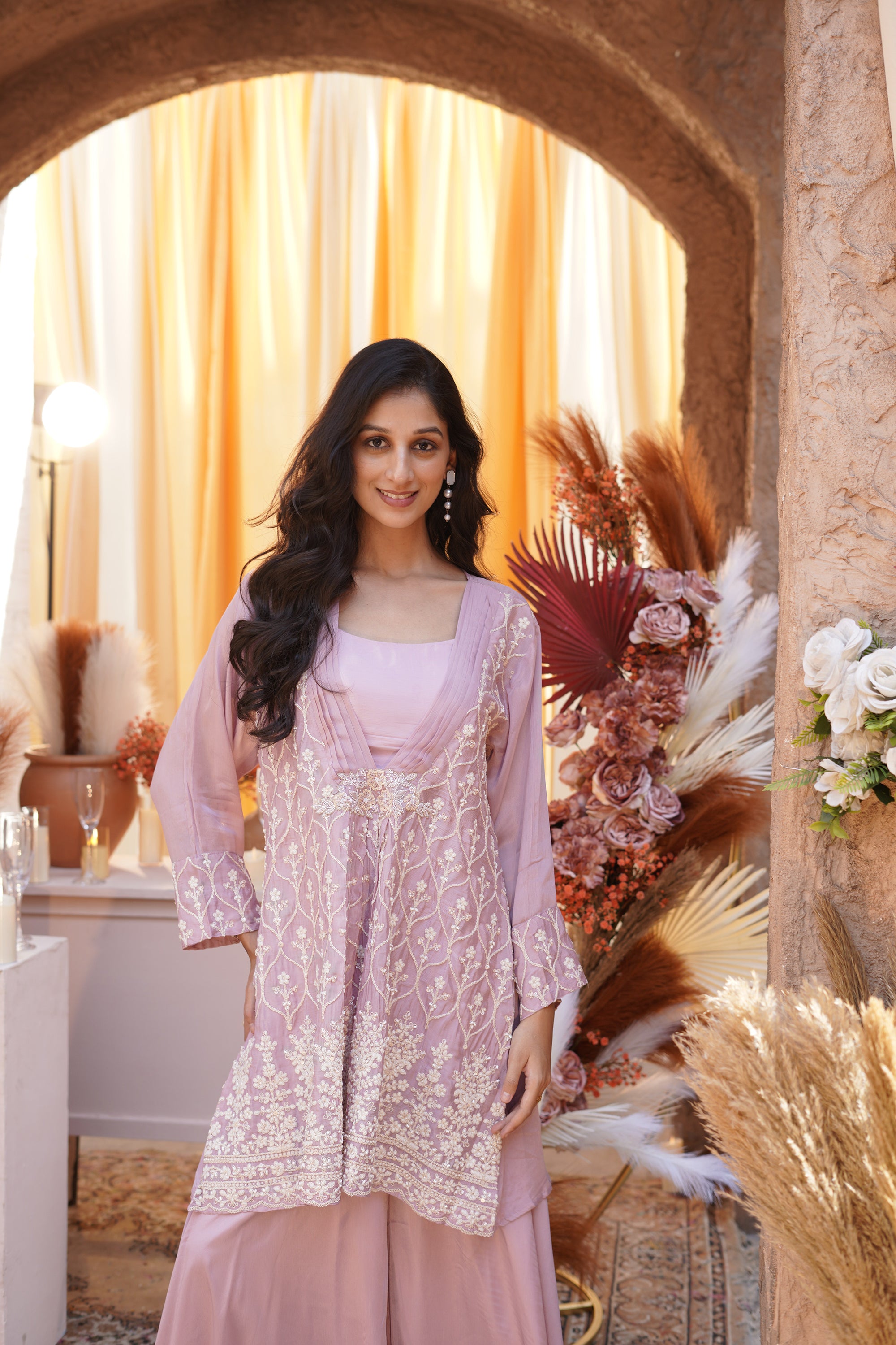 Embroidered top- palazzo three-piece set