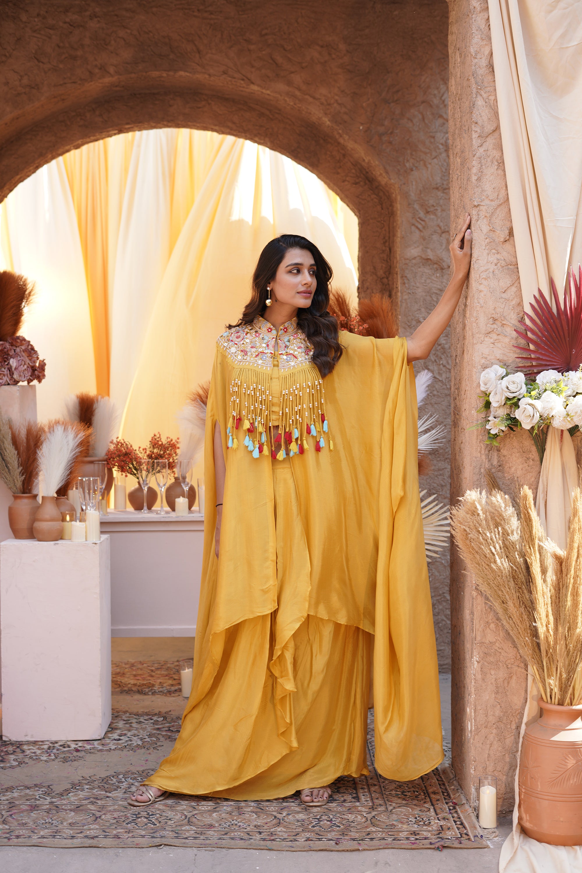 Embroidered Tassel Kaftan Set - Yellow