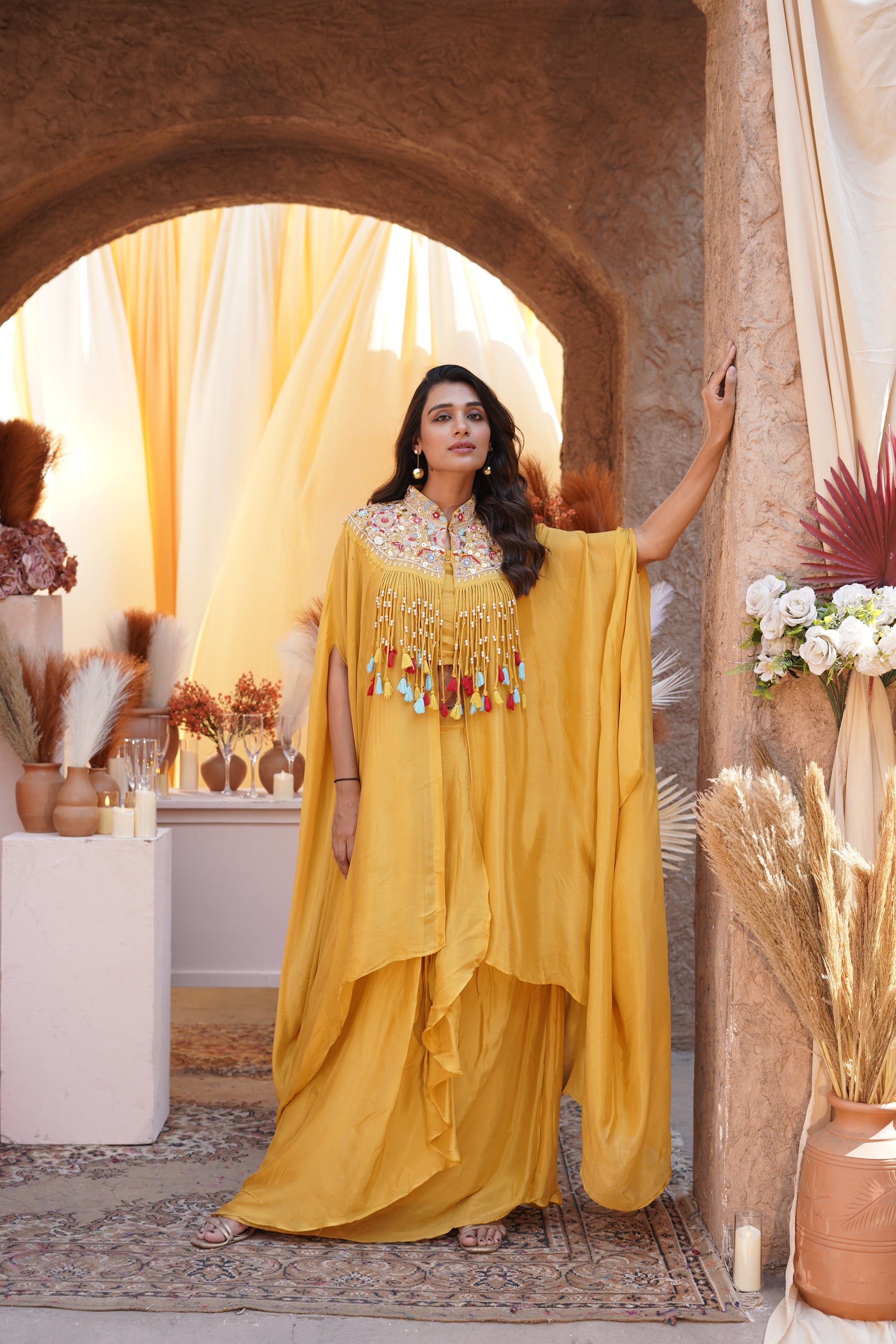 Embroidered Tassel Kaftan Set - Yellow