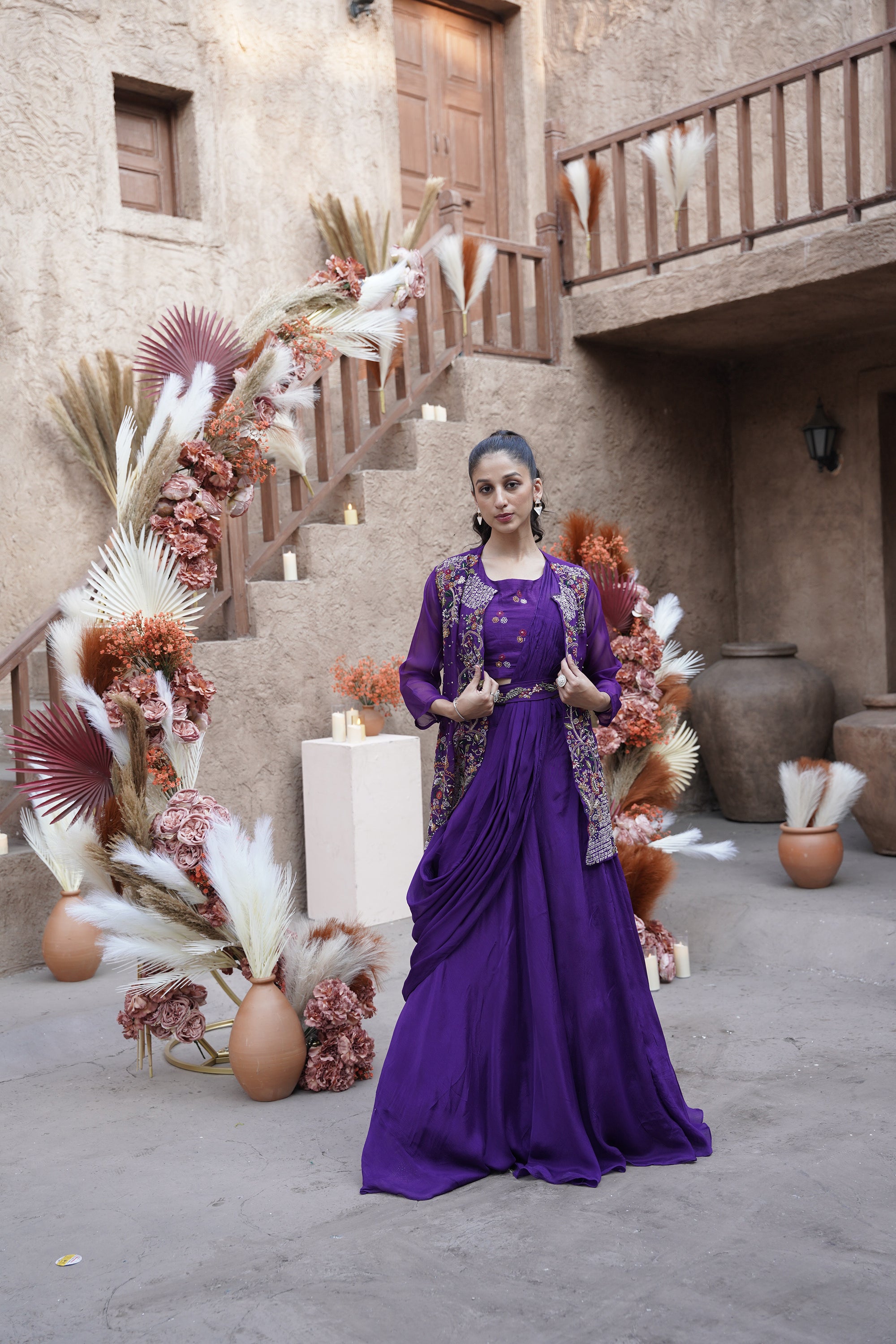 Gold Embroidered Jacket Set - Purple