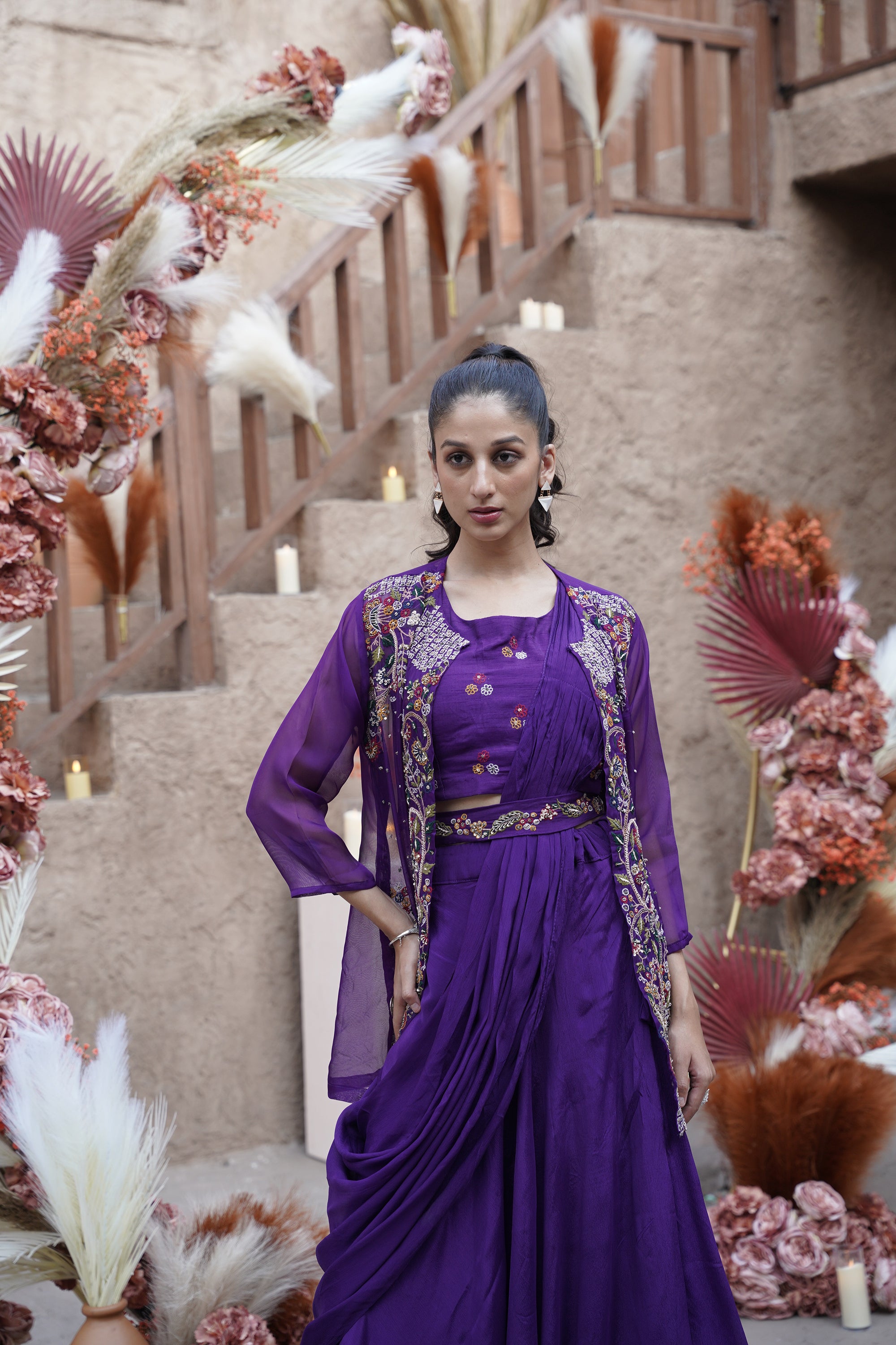 Gold Embroidered Jacket Set - Purple