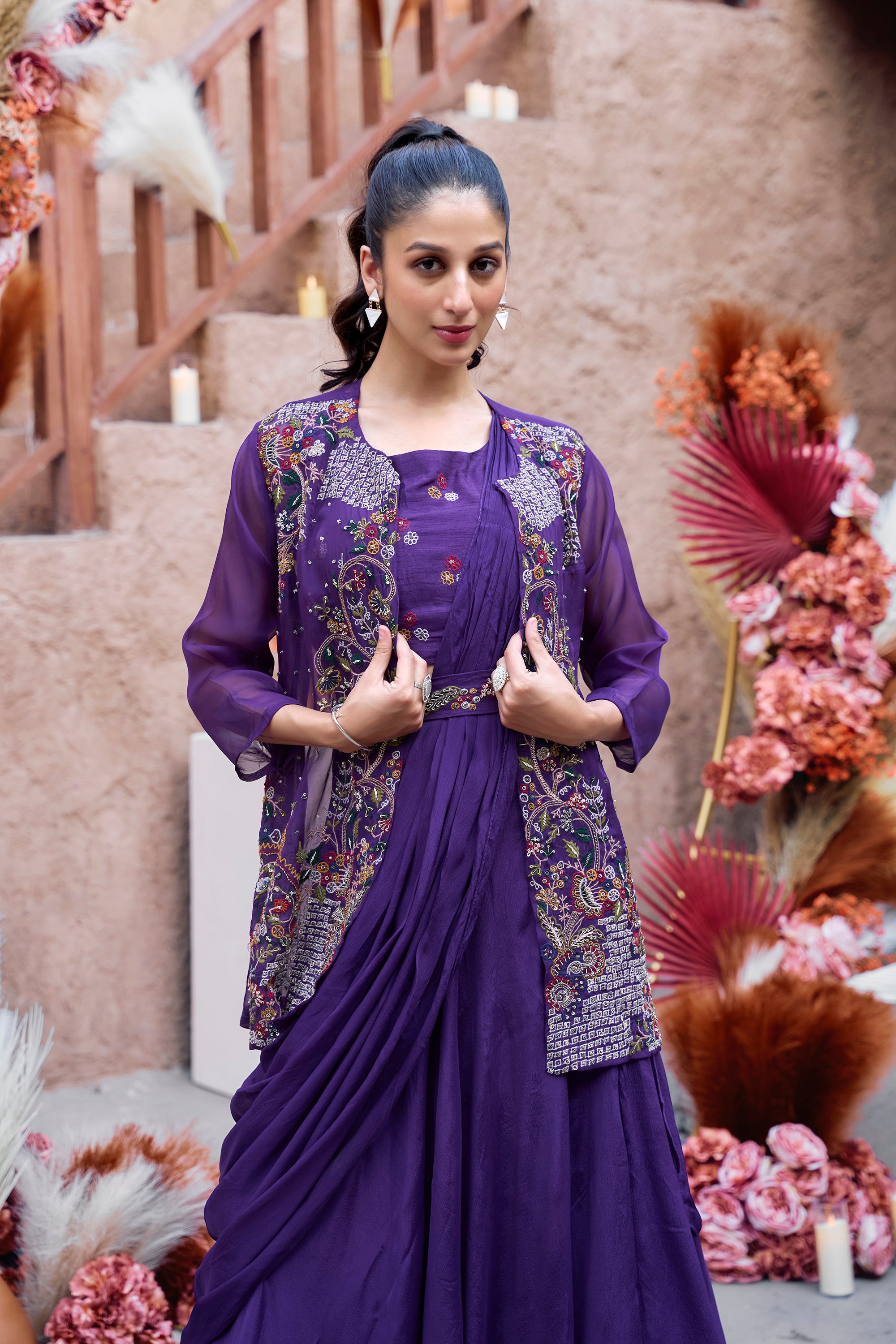 Gold Embroidered Jacket Set - Purple