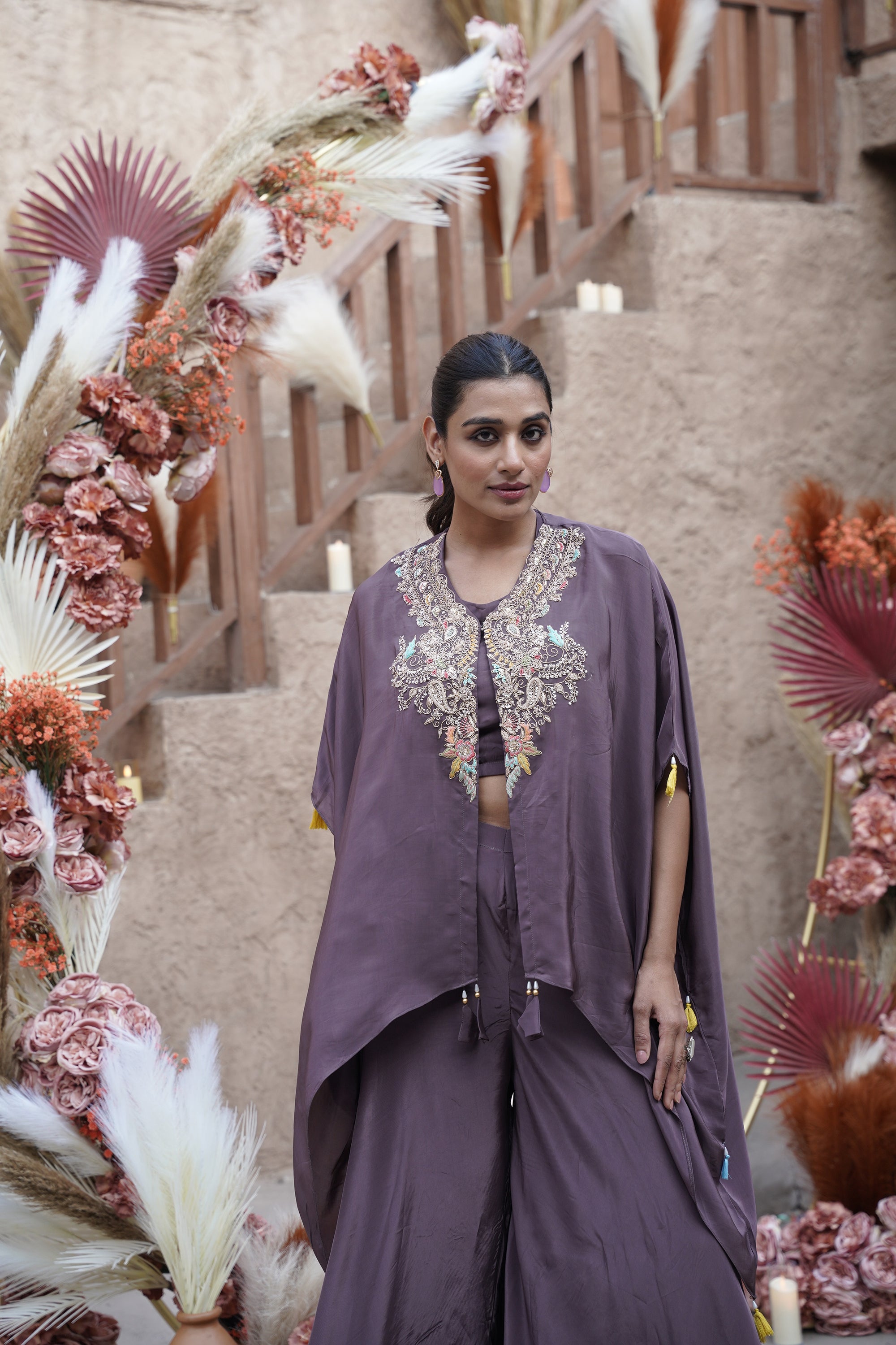 Embroidered Cape Palazzo Three-Piece Set