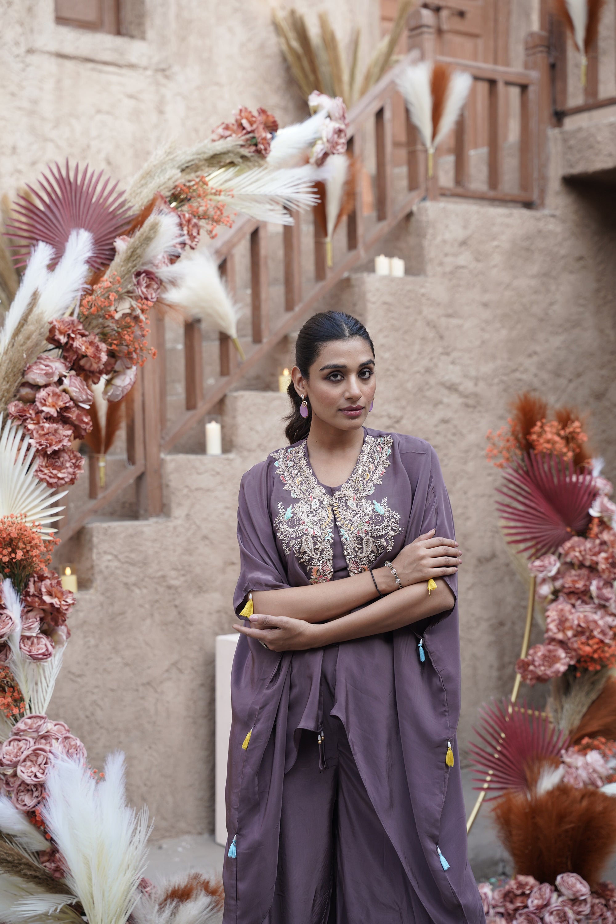 Embroidered Cape Palazzo Three-Piece Set