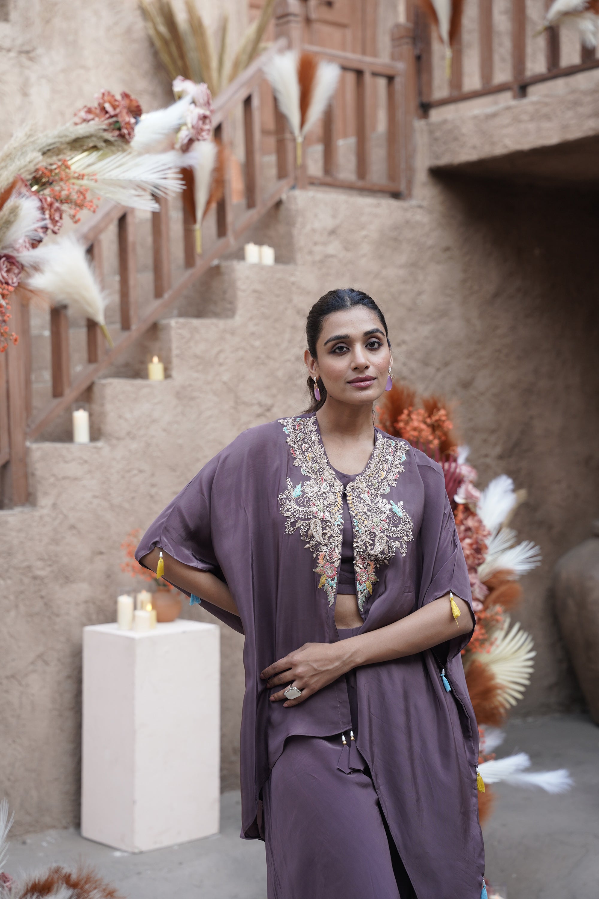 Embroidered Cape Palazzo Three-Piece Set