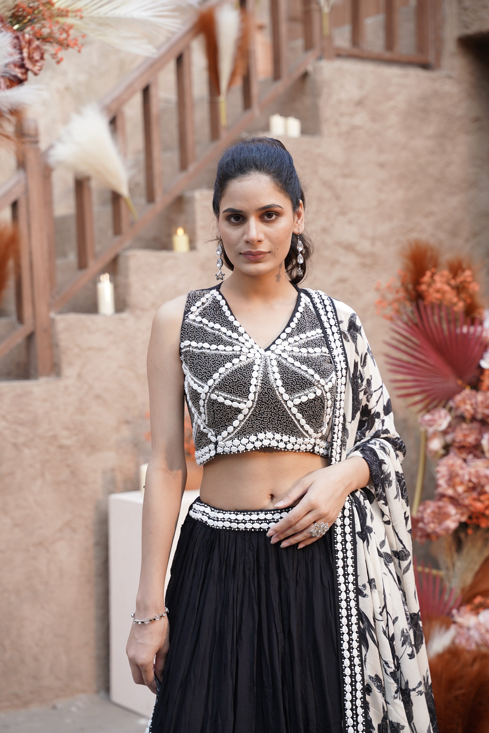 Black Shrug Set With Shell Embellishment