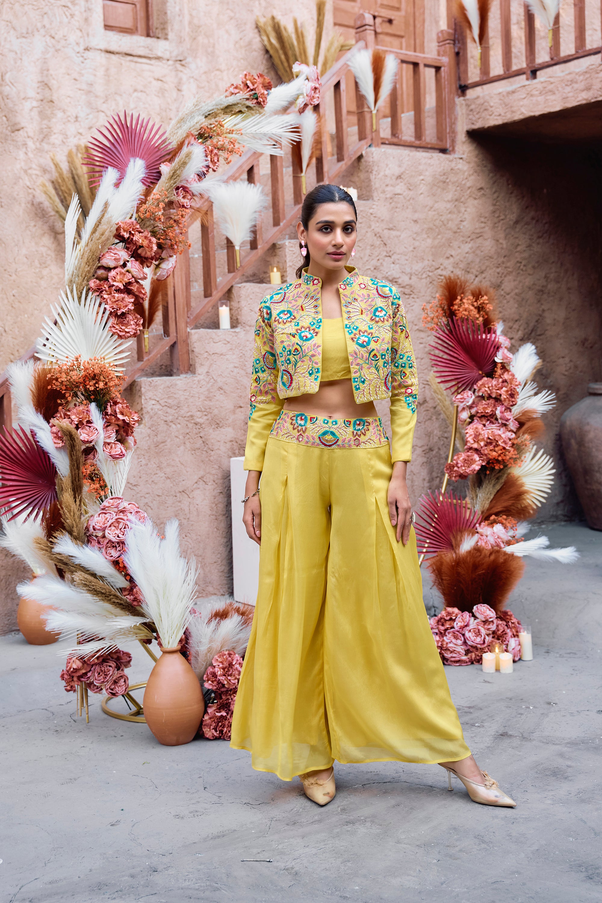 Embroidered jacket- palazzo three-piece