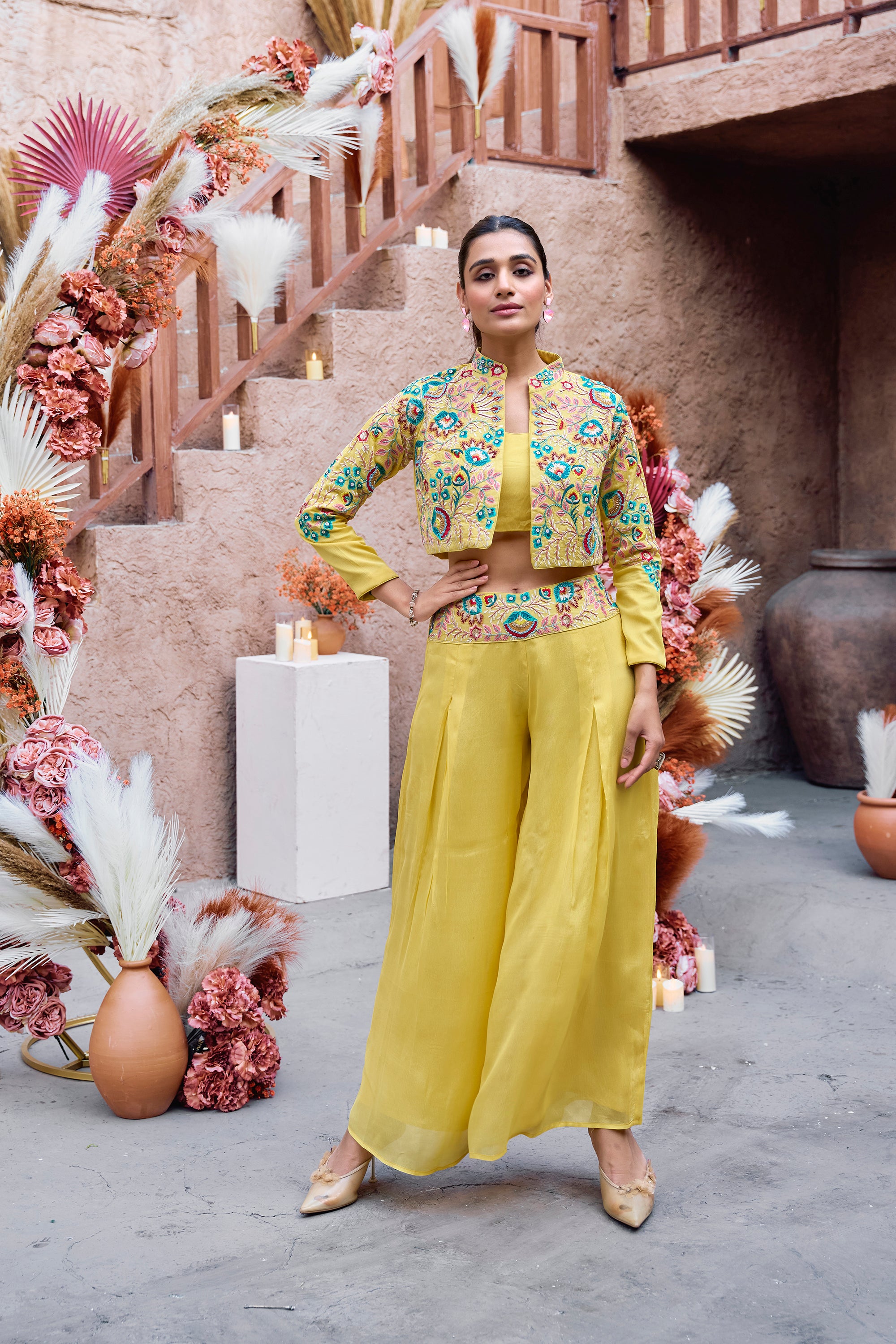 Embroidered jacket- palazzo three-piece