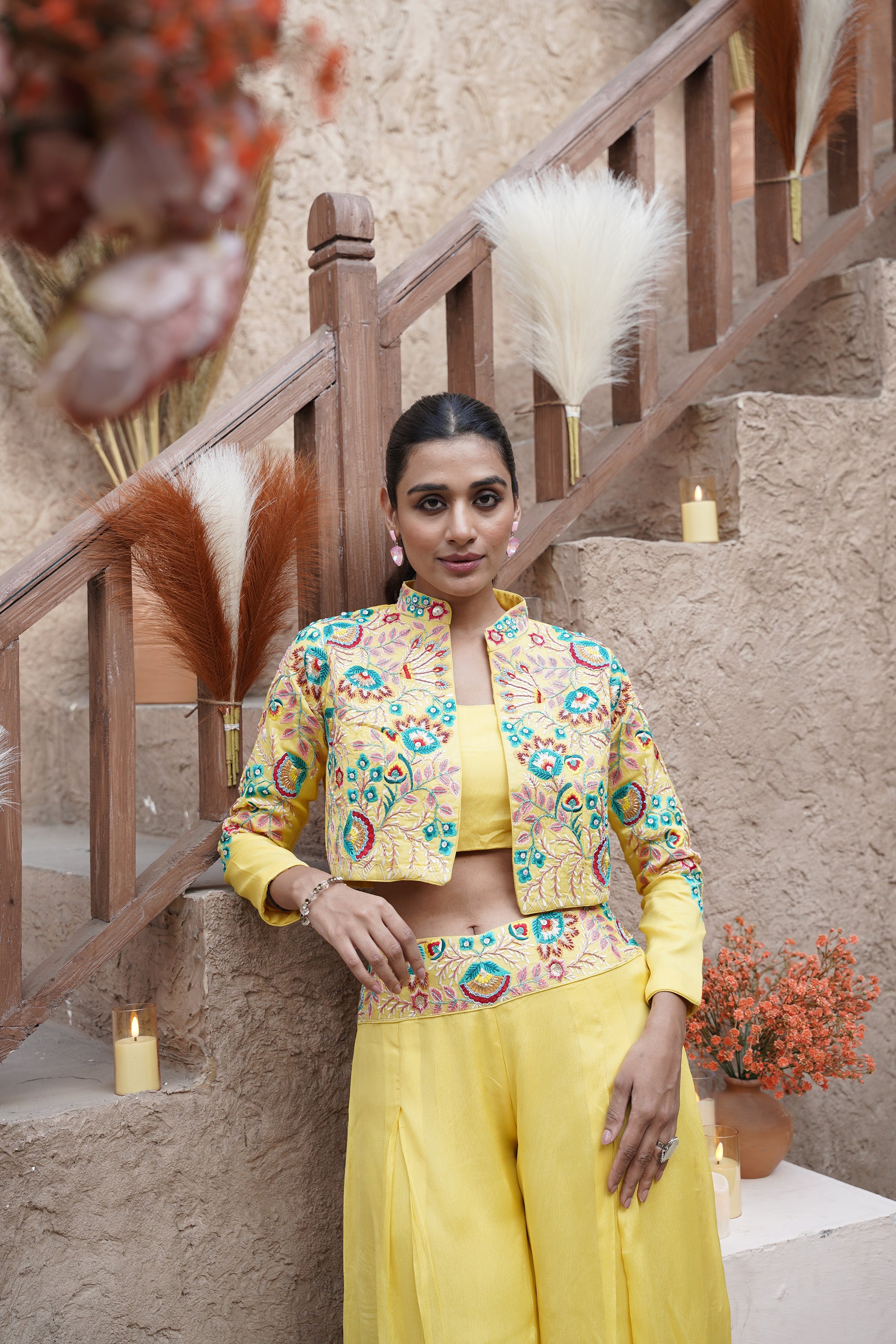 Embroidered jacket- palazzo three-piece