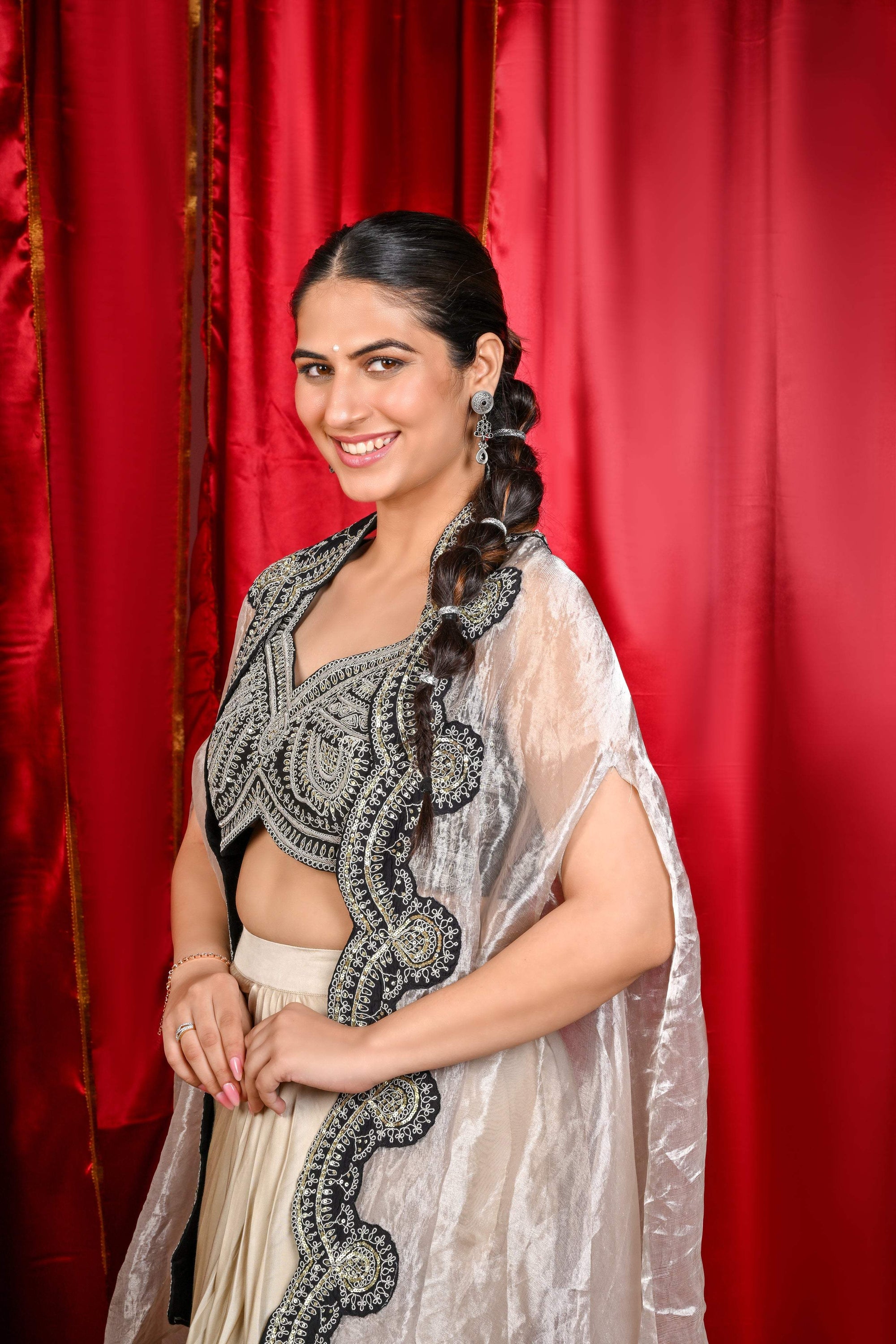 Beige Draped Skirt with Embroidered Blouse