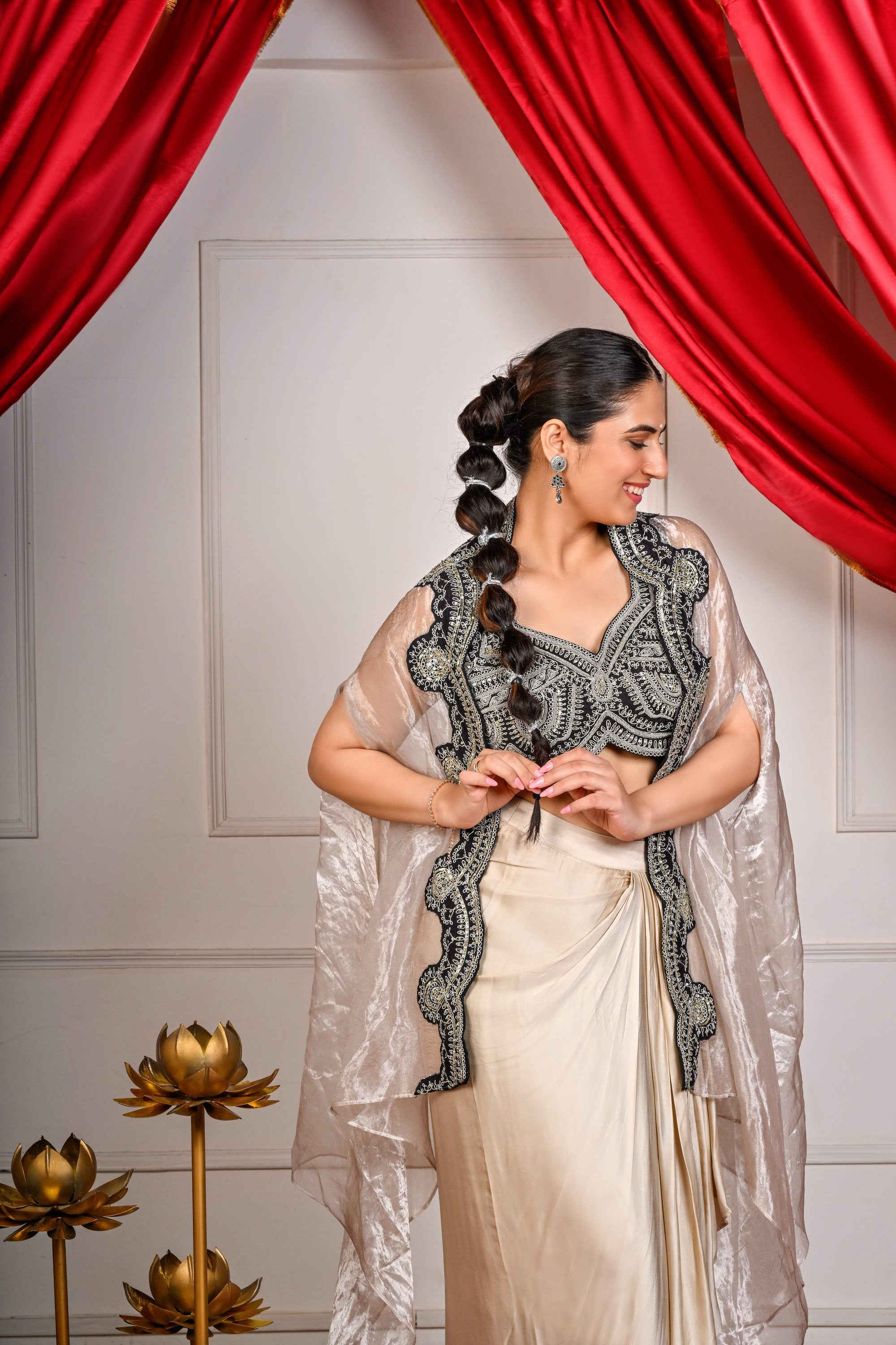 Beige Draped Skirt with Embroidered Blouse