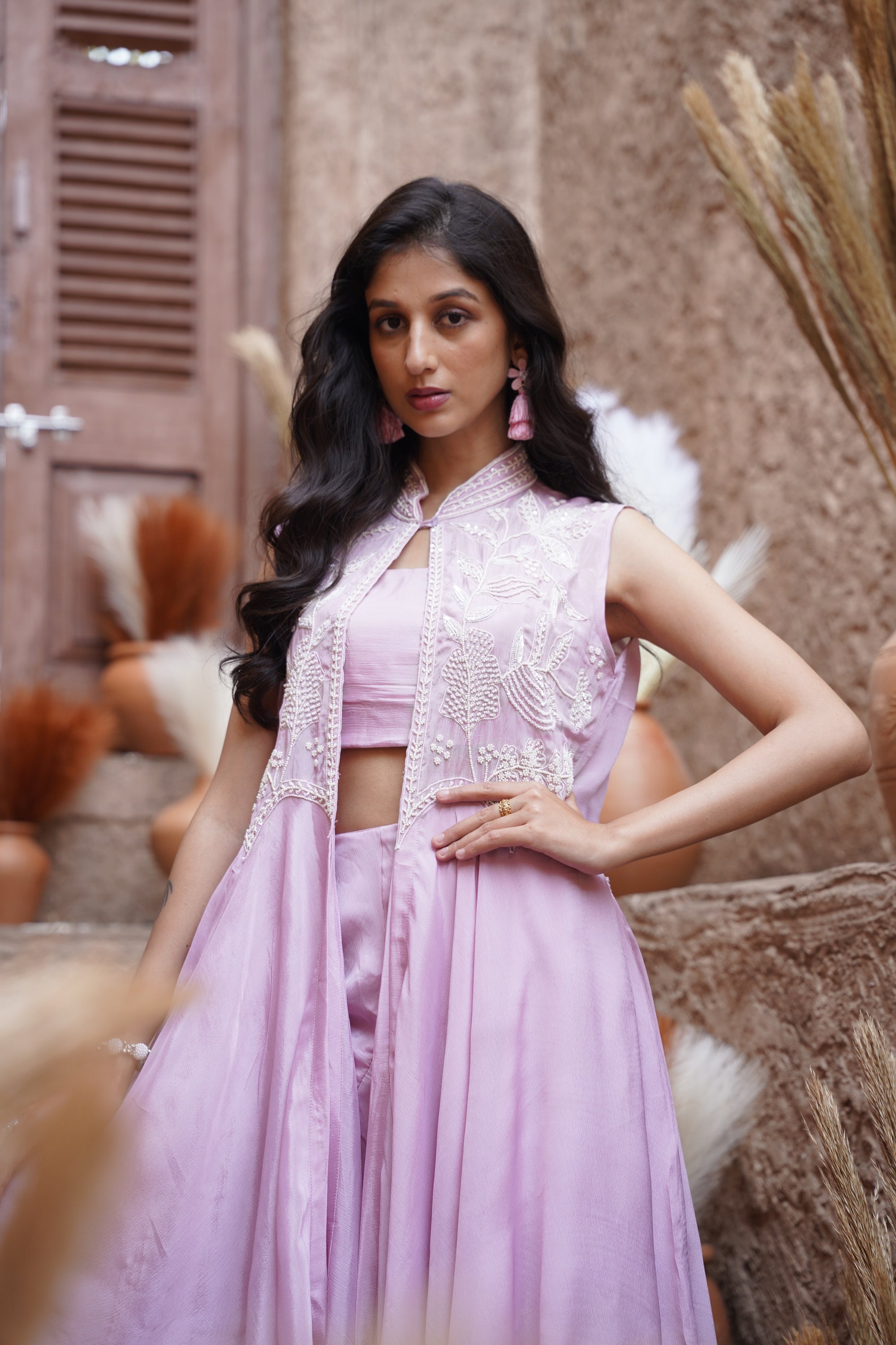 Lilac Floral Beaded Long Jacket Set