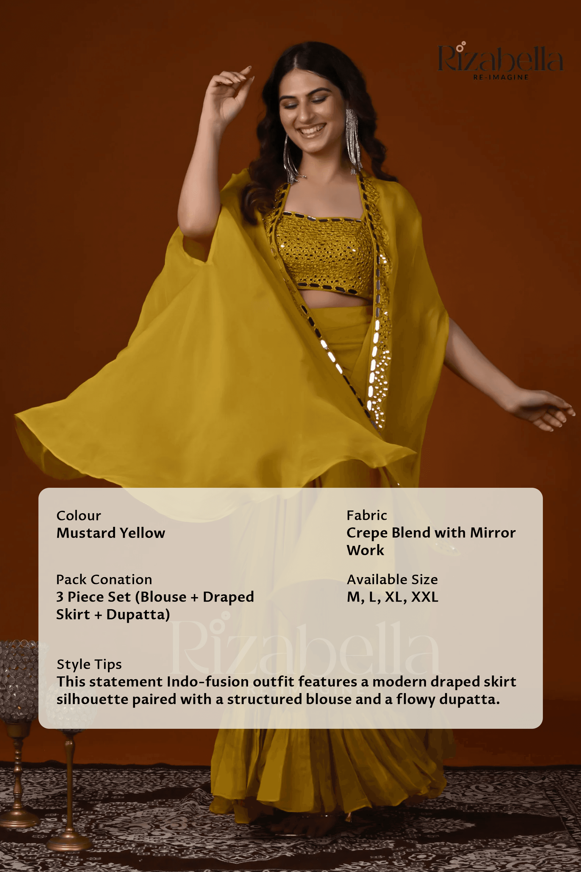 3 PCS yellow drape skirt and mirror work