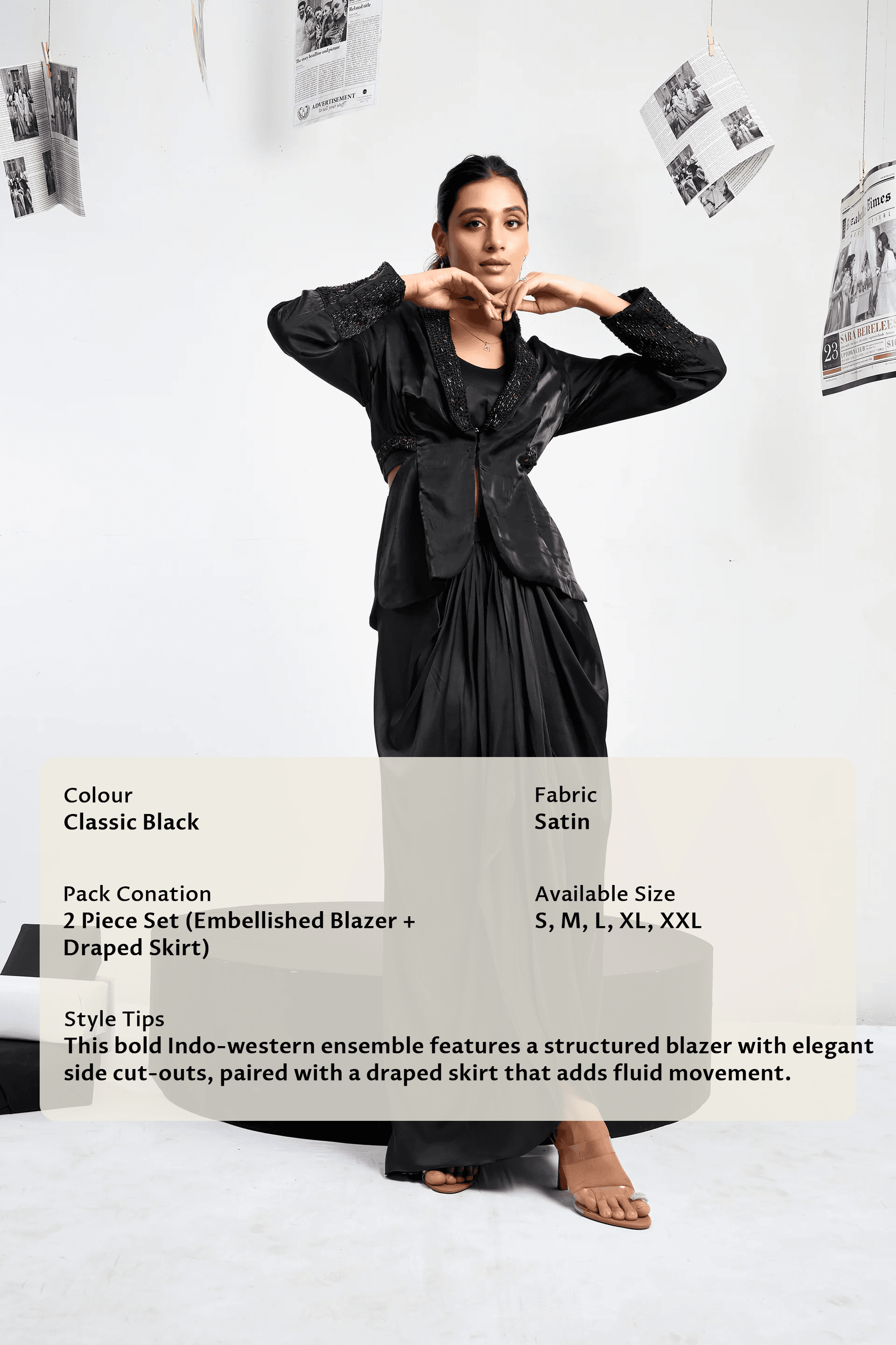 Cut-out Blazer Set with draped skirt - Black