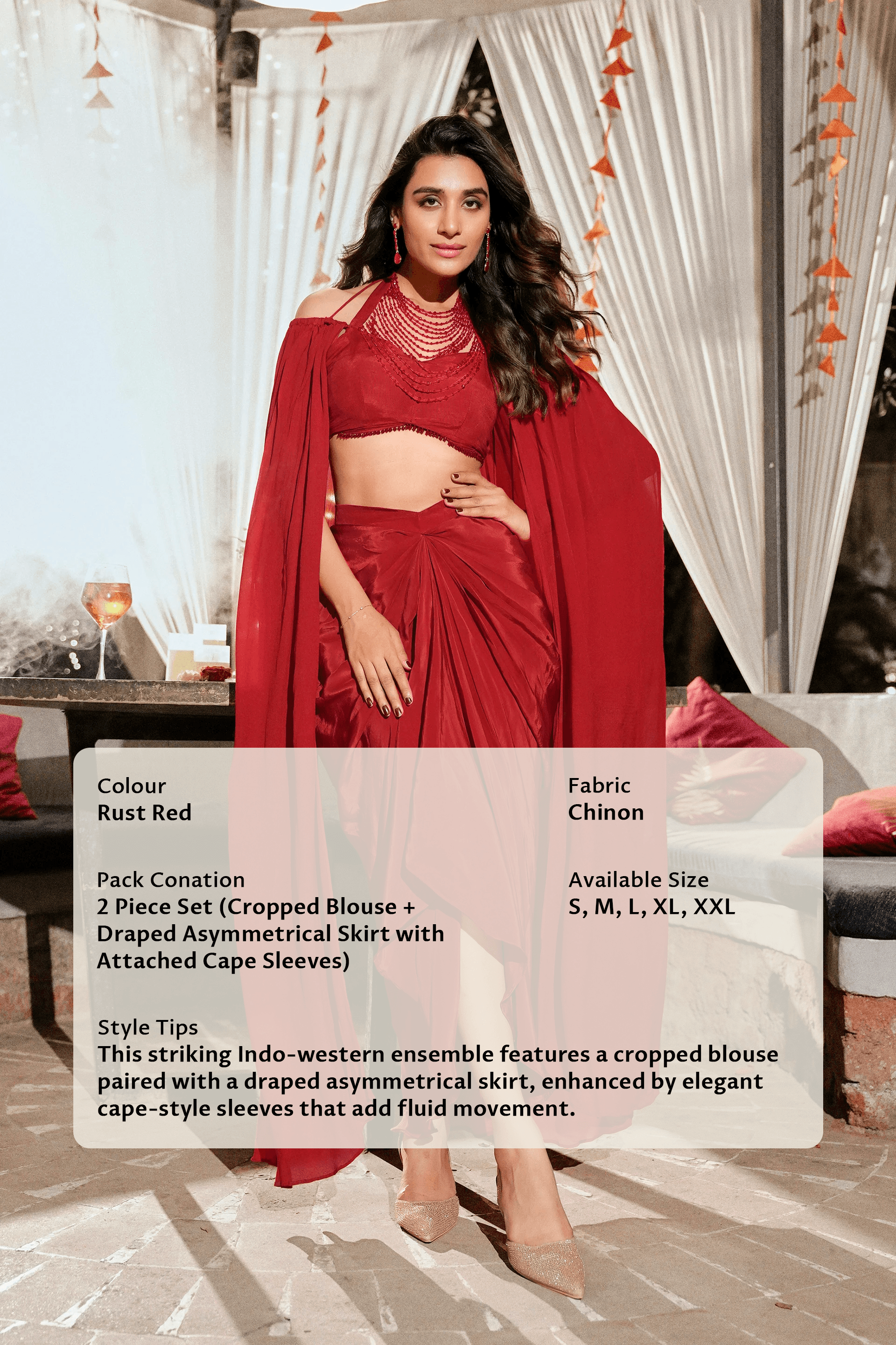 Elevated Draped Skirt Cape Set - Rust Red