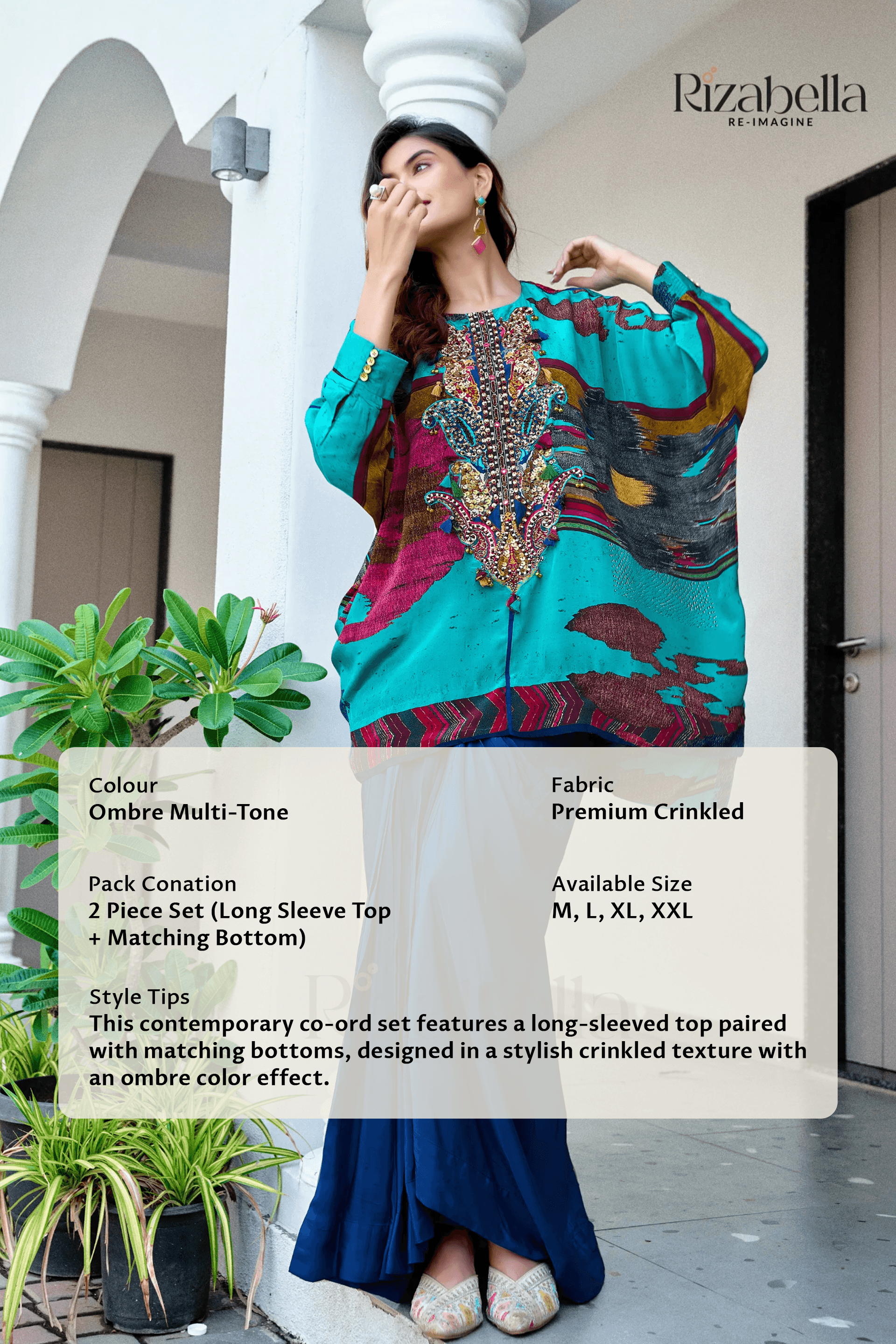 Embroidered Tunic with Draped Pants - Blue