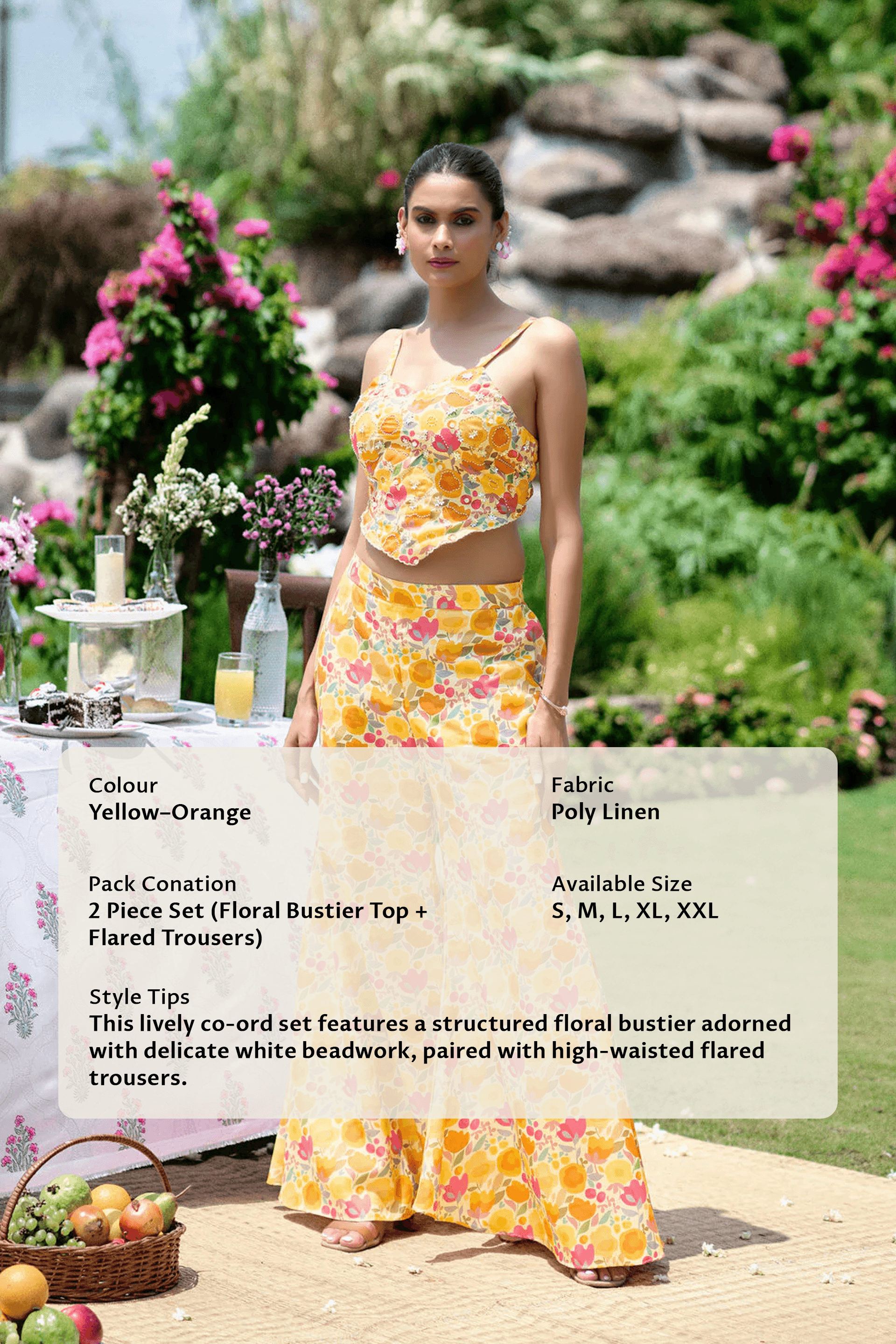 Floral Embroidered Co-ord Set - Yellow- Orange