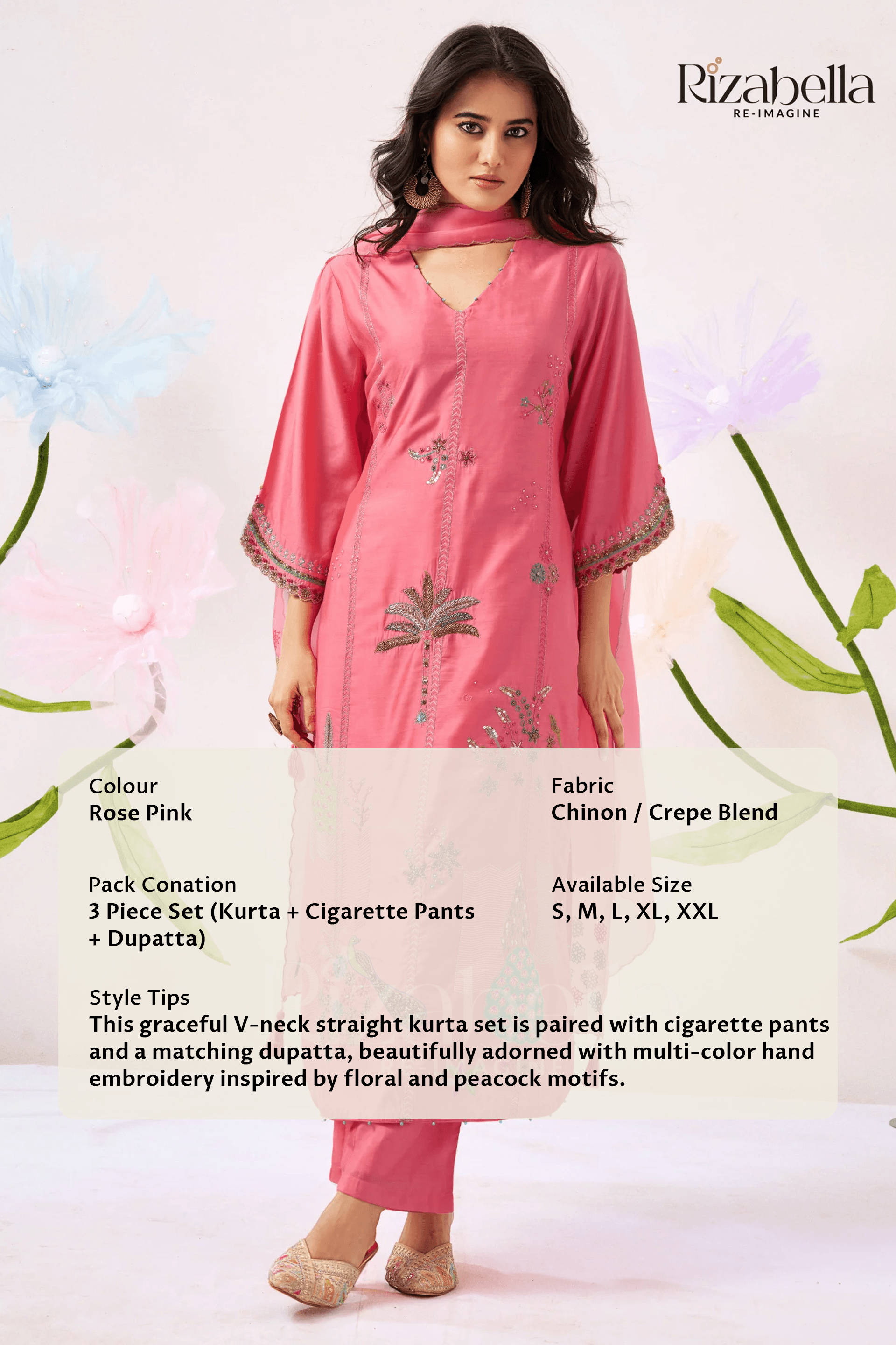 Kurta Set with Peacock &amp; Floral Handwork