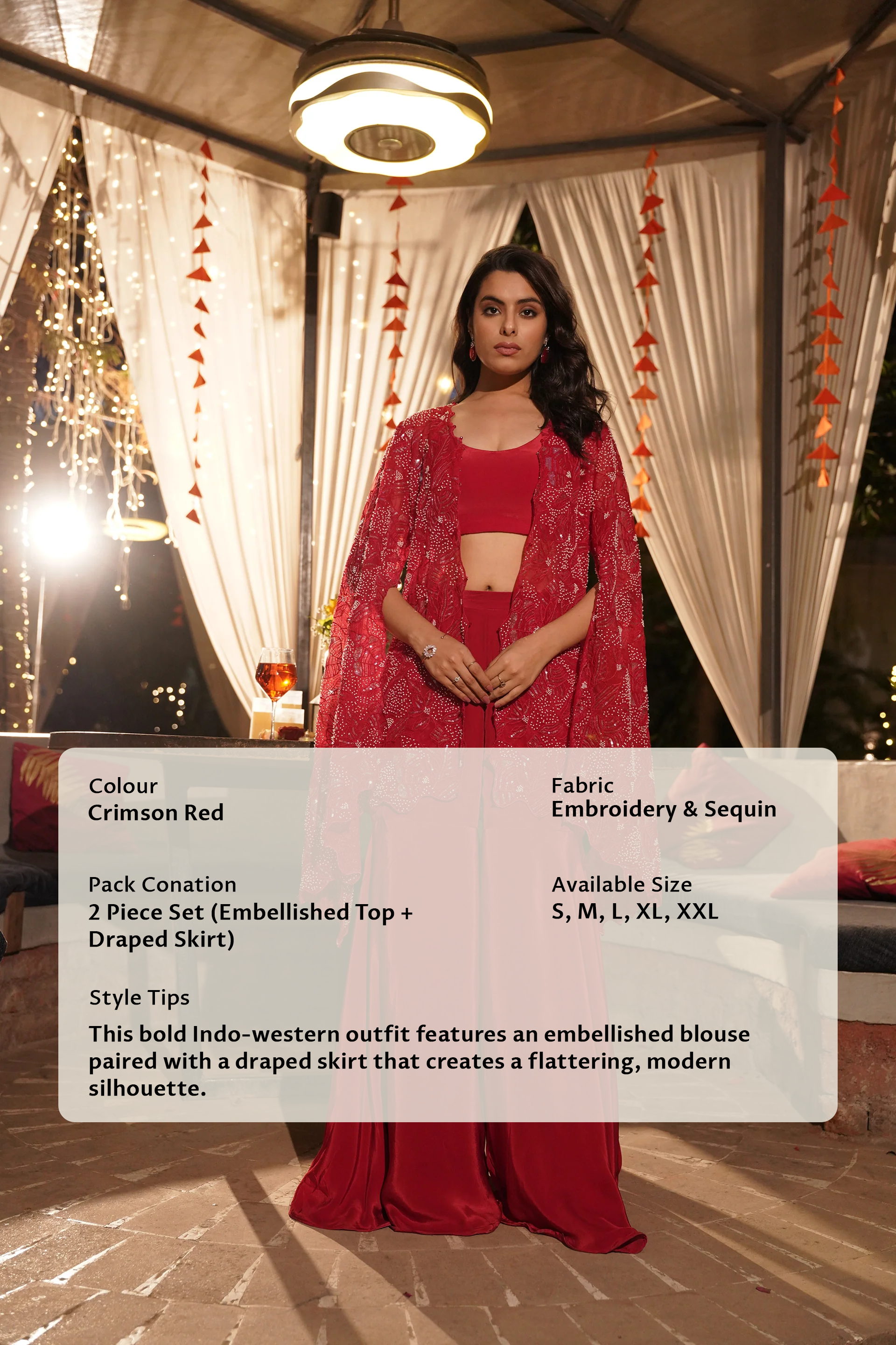 Embroidered Jacket Palazzo Set - Red