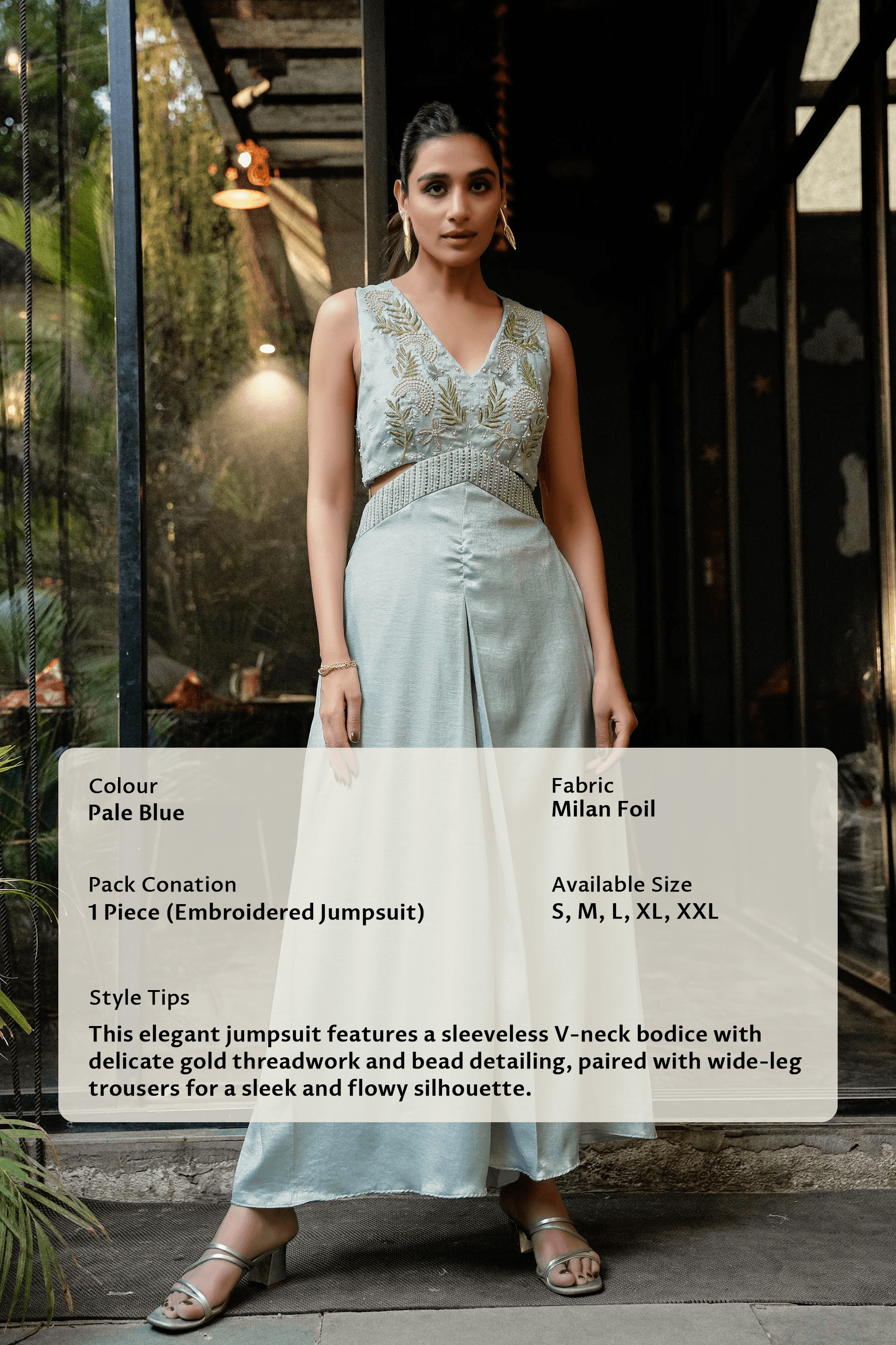 Embroidered Cutout Waist Jumpsuit - Pale Blue