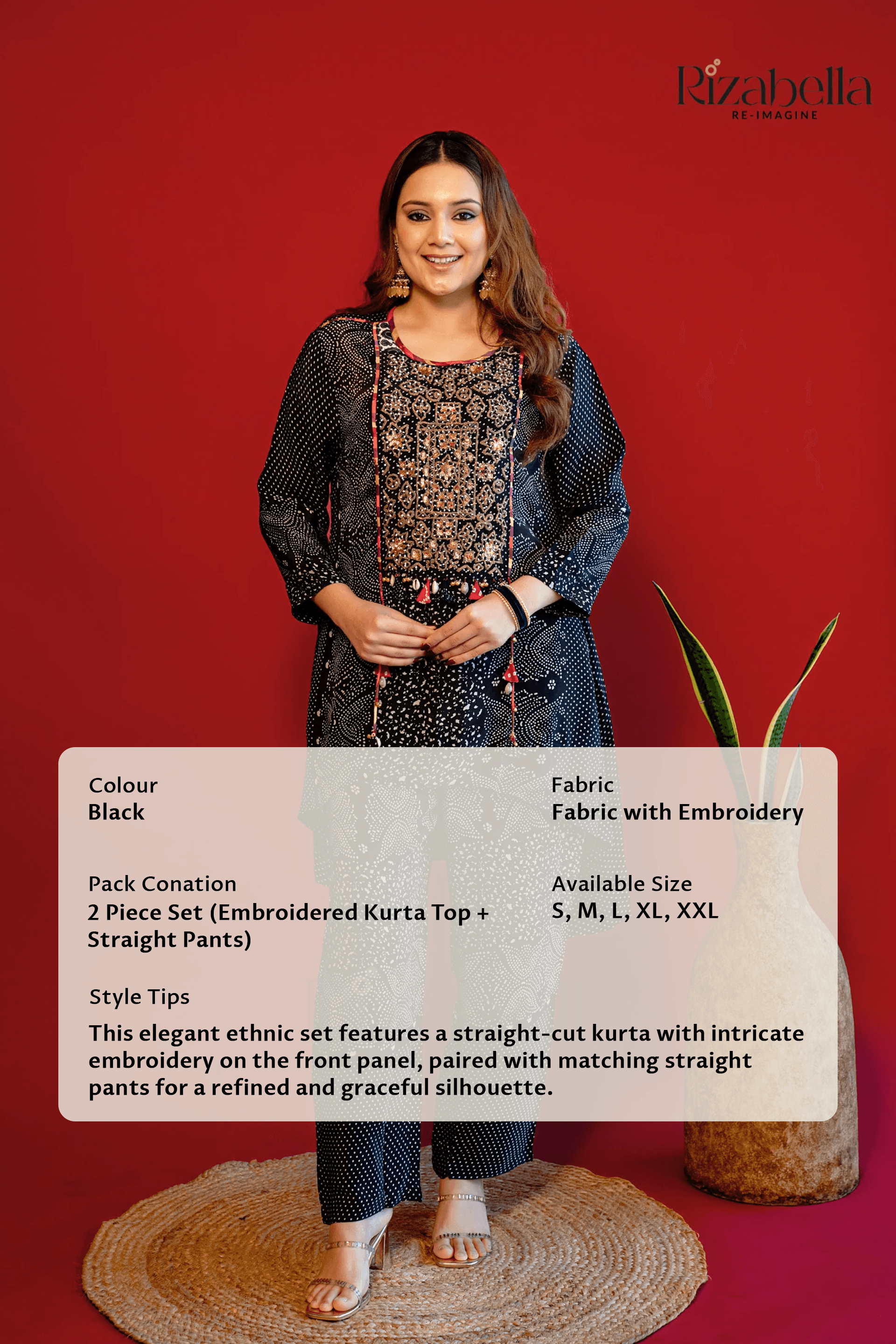 Embroidered Kaftan Pant Set - Black