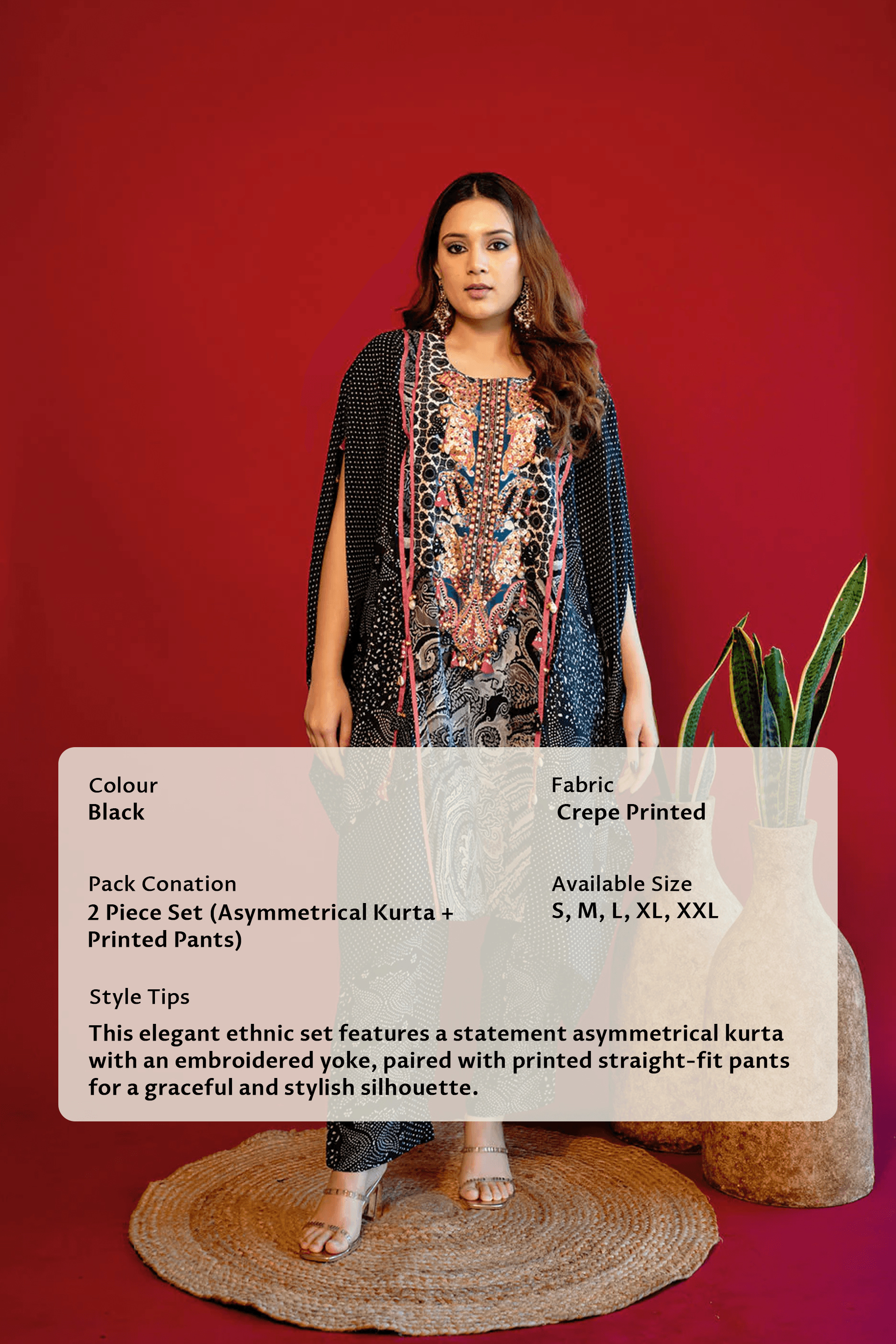 Embroidered Asymmetrical Kurta Set - Black