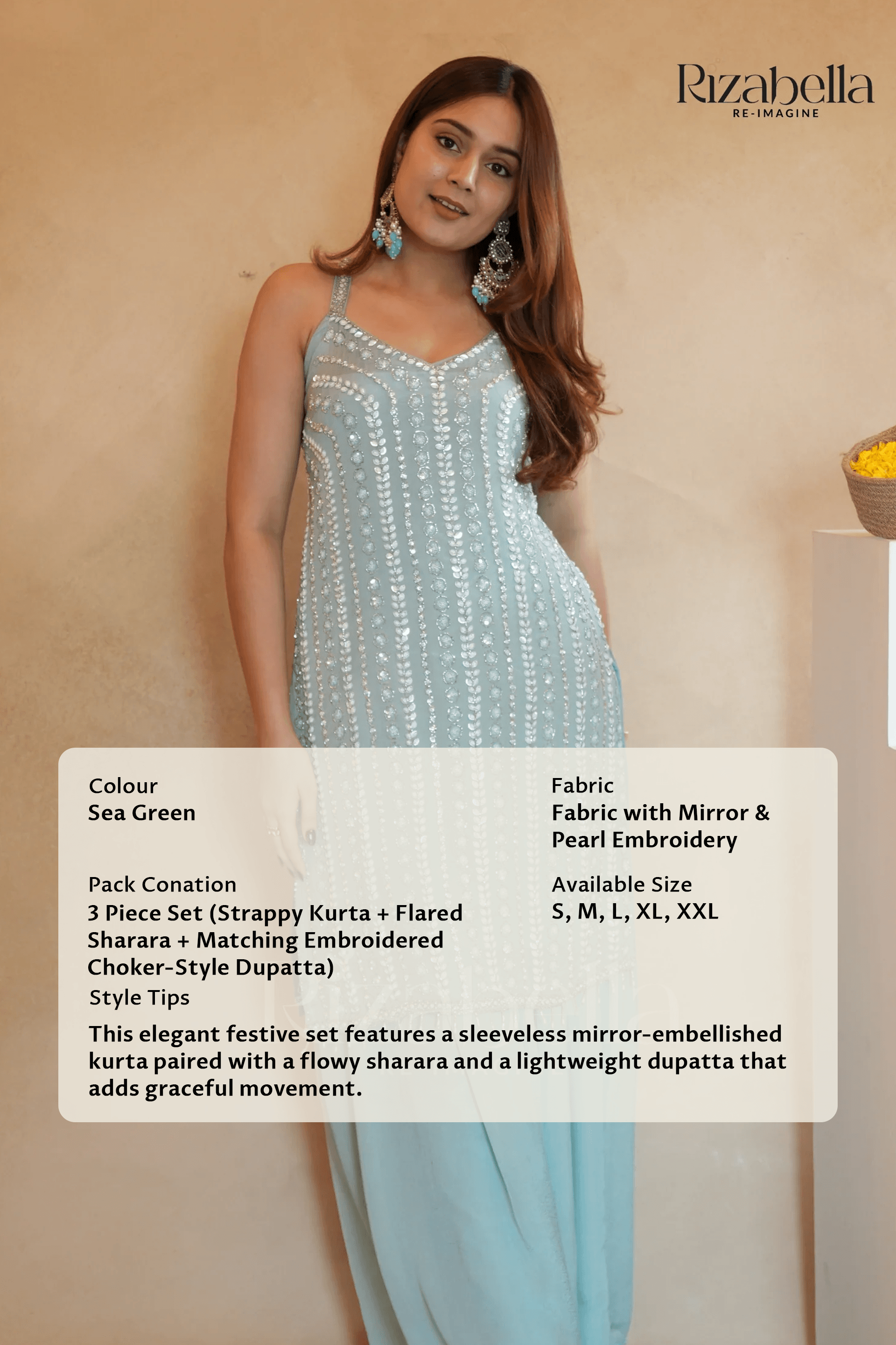 Mirror Embellished Sharara Set - Sea Green