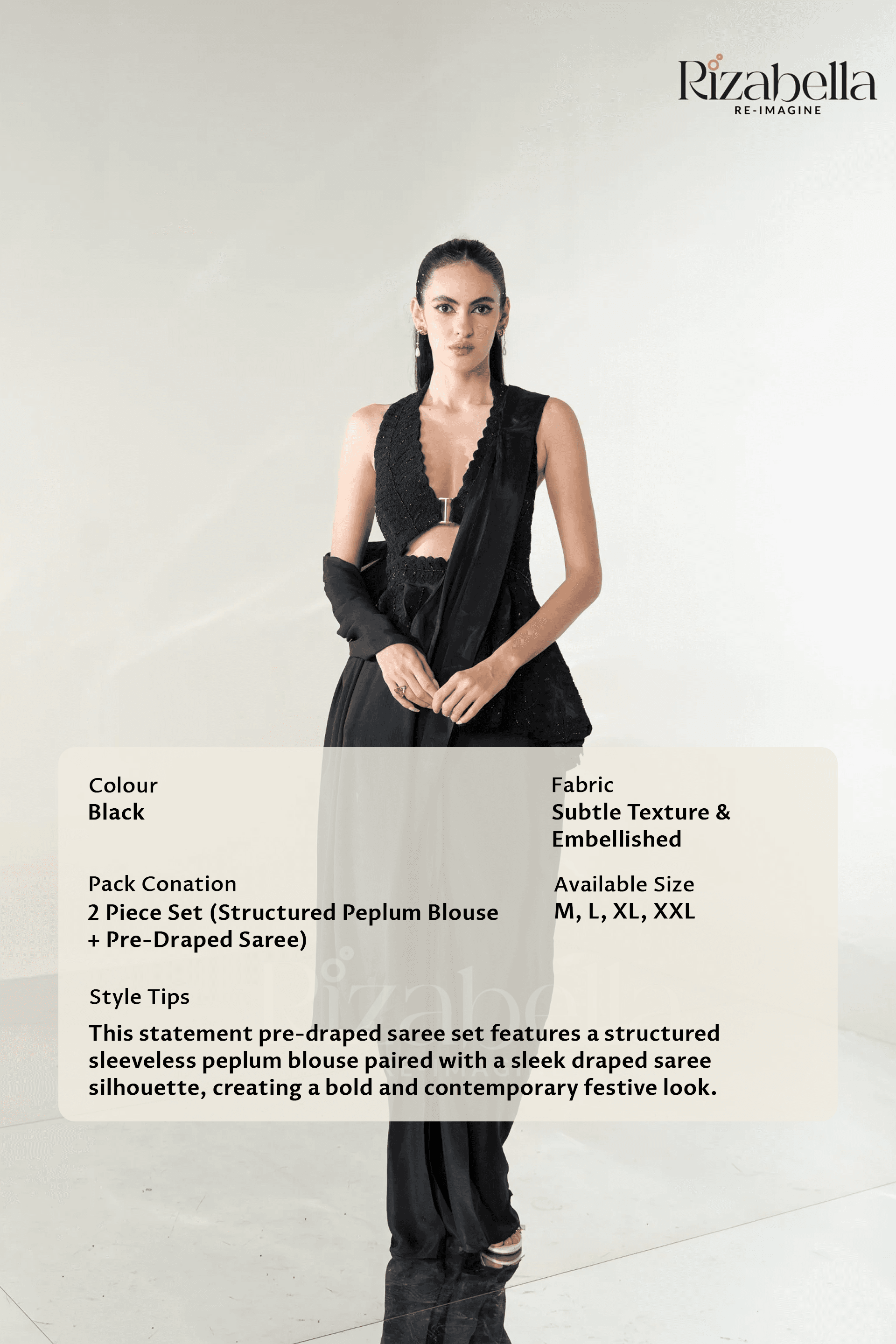 Black Luxe Peplum Drape Saree Set