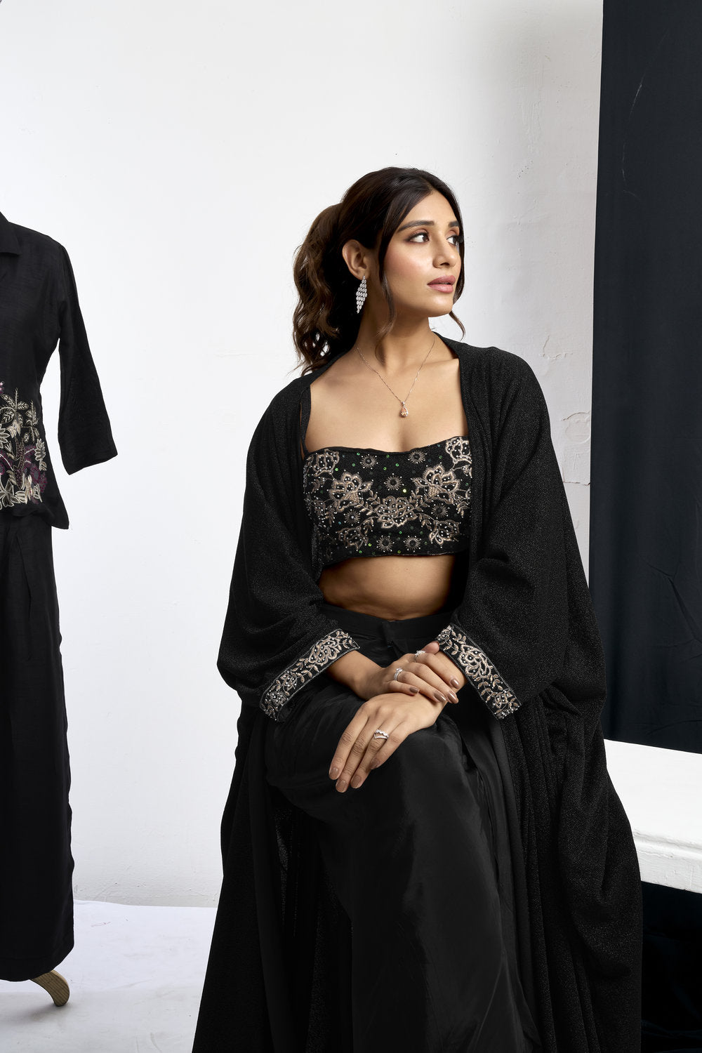 Embroidered Blouse With Cape &amp; Drape Skirt