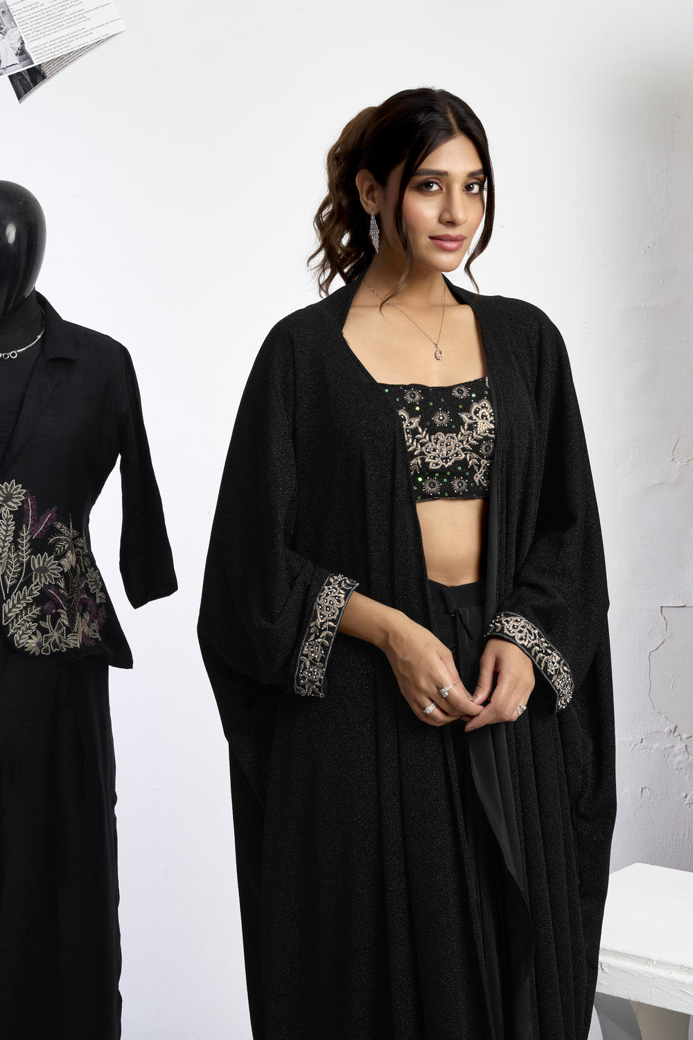 Embroidered Blouse With Cape &amp; Drape Skirt
