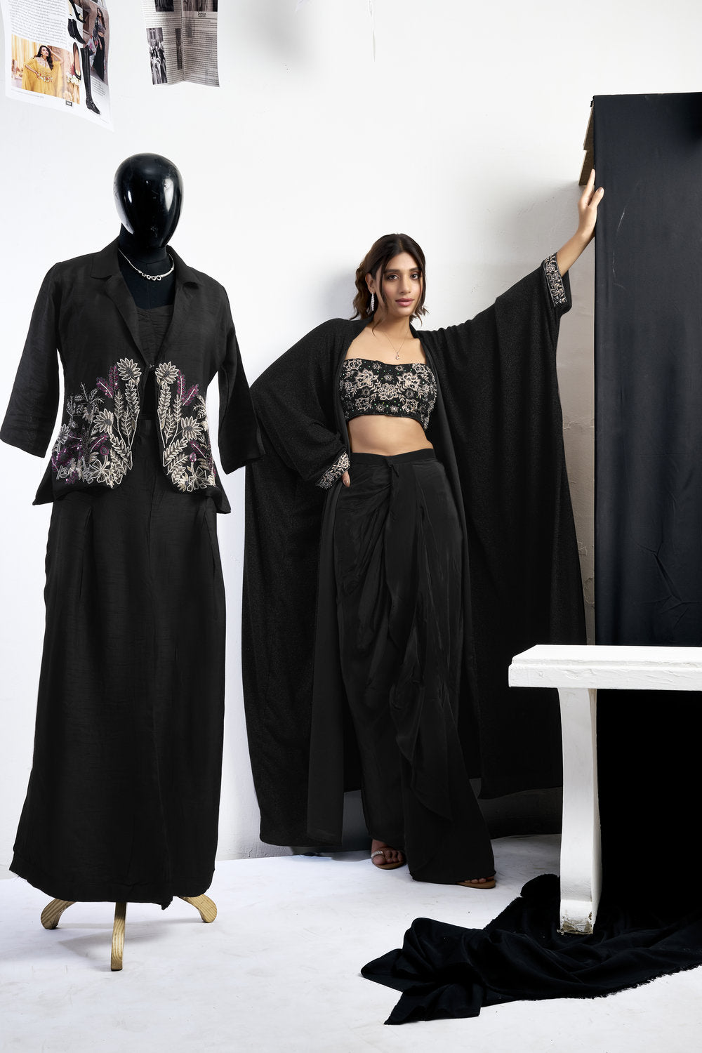 Embroidered Blouse With Cape &amp; Drape Skirt