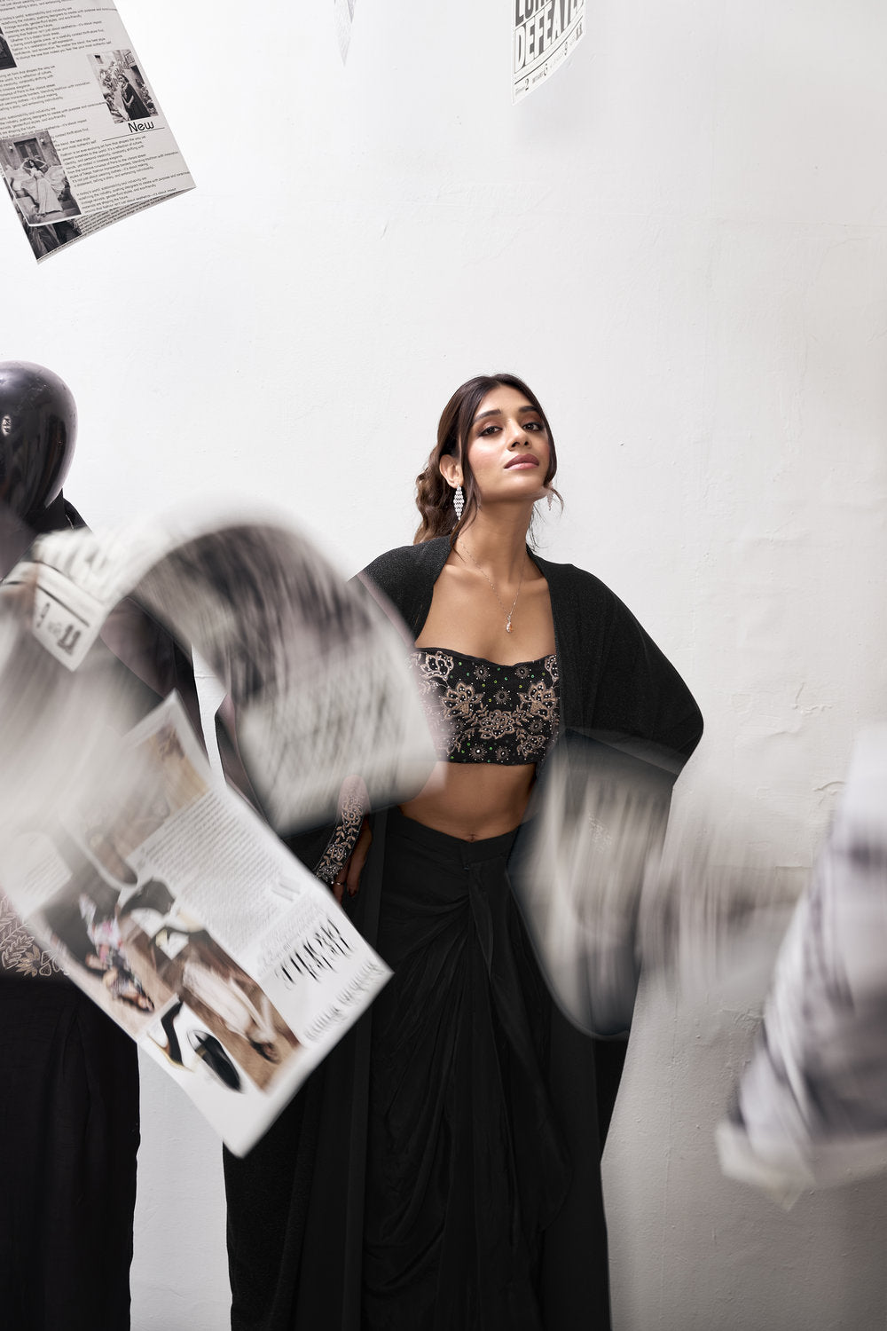 Embroidered Blouse With Cape &amp; Drape Skirt