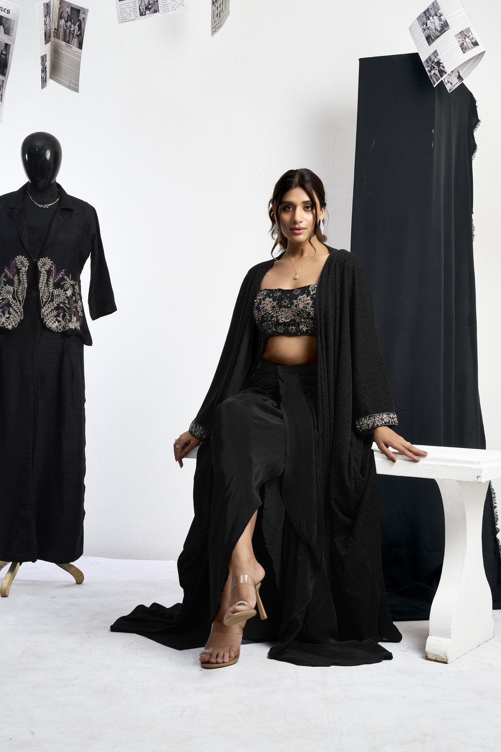 Embroidered Blouse With Cape &amp; Drape Skirt