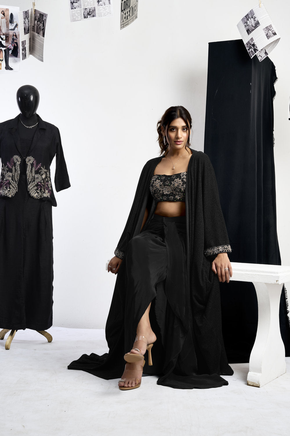 Embroidered Blouse With Cape &amp; Drape Skirt